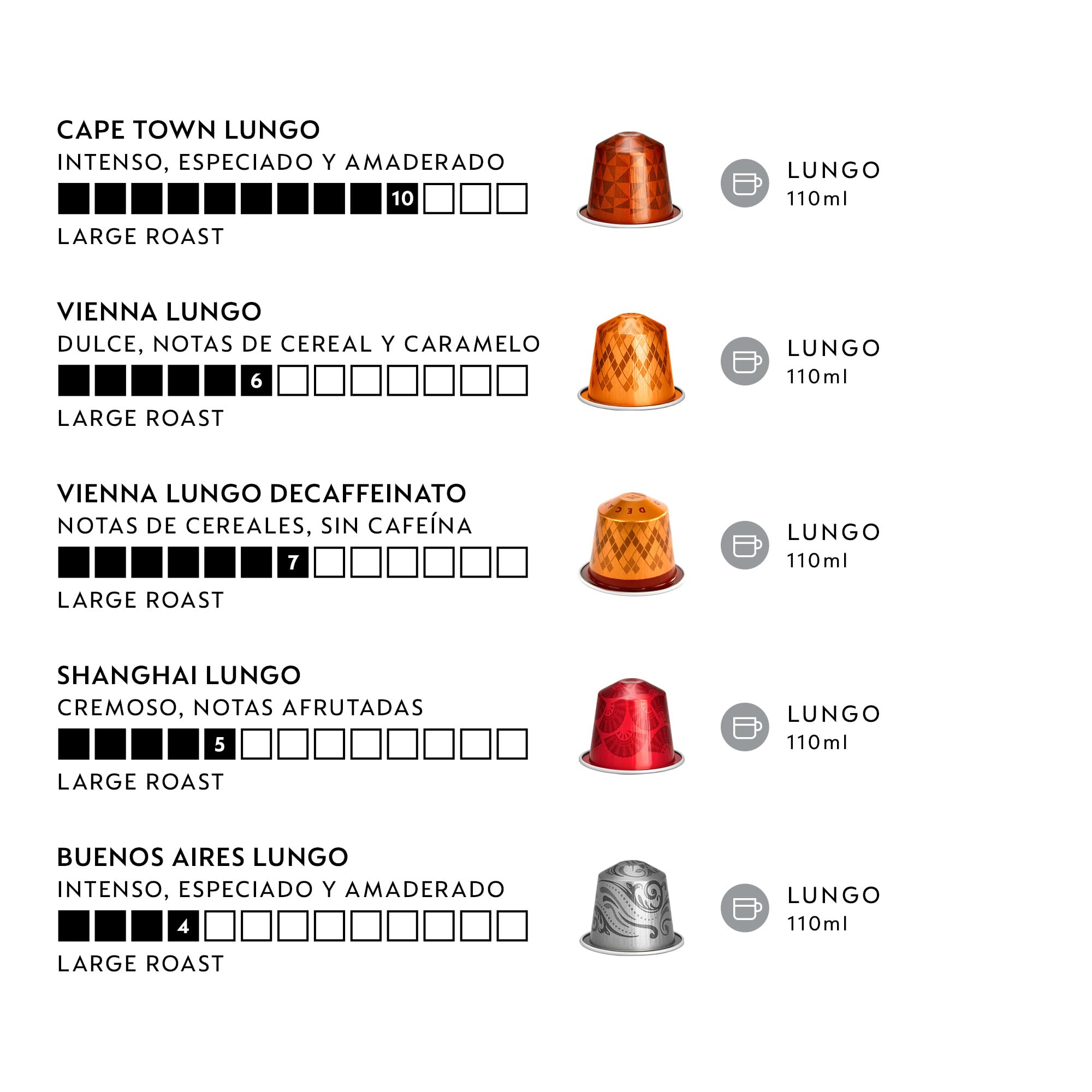 Pack de 100 cápsulas de café Lungo Nespresso Original World Explorations (Cape Town, Vienna, Vienna Decaffeinato, Shanghai, Buenos Aires)