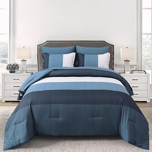 Juego de edredón de cama Queen en una bolsa, color azul marino, 7 piezas, juego de ropa de cama de retazos a rayas azul marino para cama Queen,