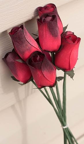 Miniatura 7 de Rosas rojas con puntas negras, ramo de 8 rosas de madera con brotes cerrados para manualidades, ramos personalizados y otros proyectos de bricolaje.