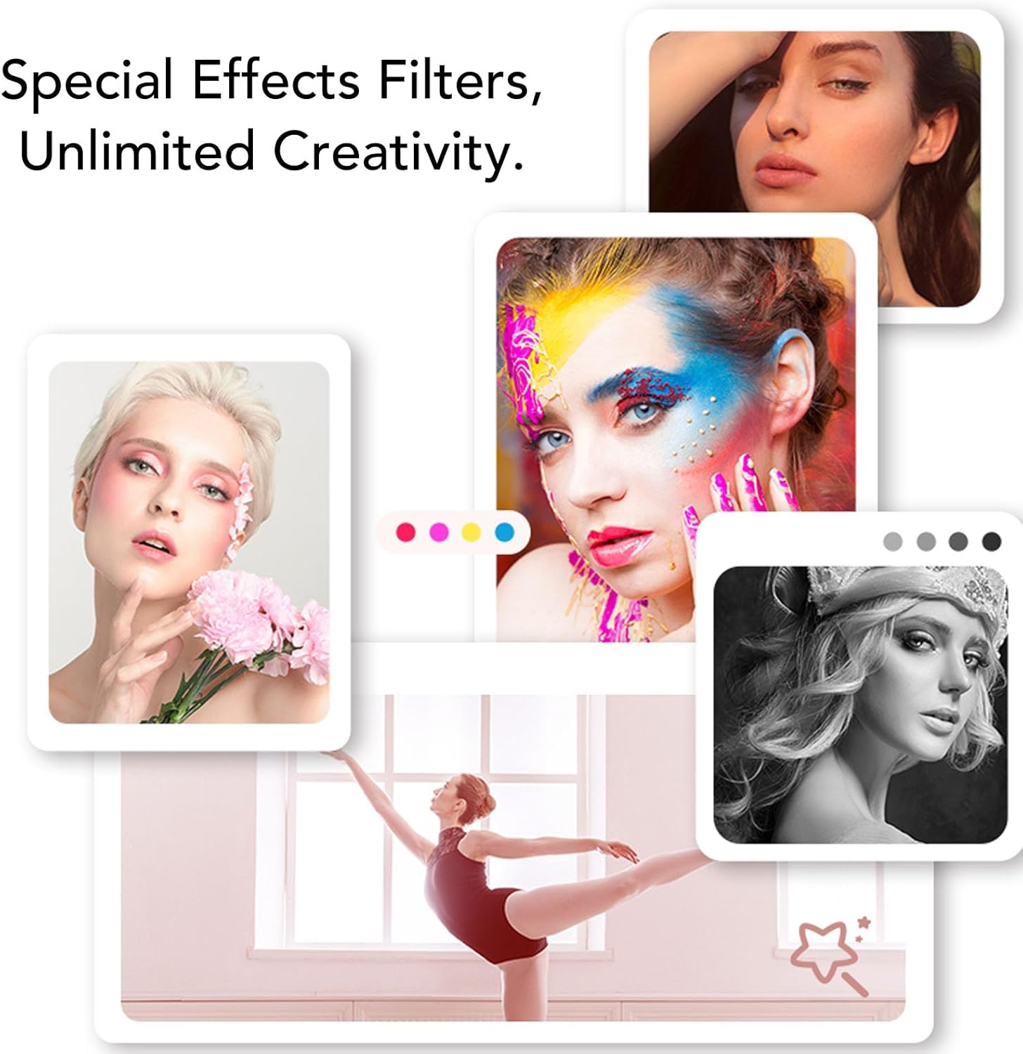 Collage of images demonstrating special effects filters on Bewinner 5K 72MP HD Digital Camera