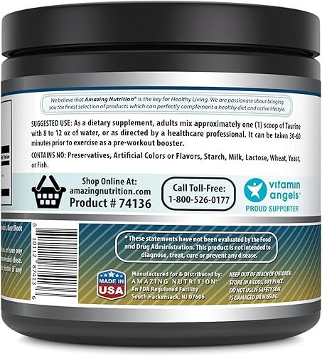 Miniatura 3 de Amazing Formulas - Suplemento en polvo de taurina de 17.64 oz (1.1 libras), 2000 mg por porción, 111 porciones, sin OMG, sin gluten, fabricado en