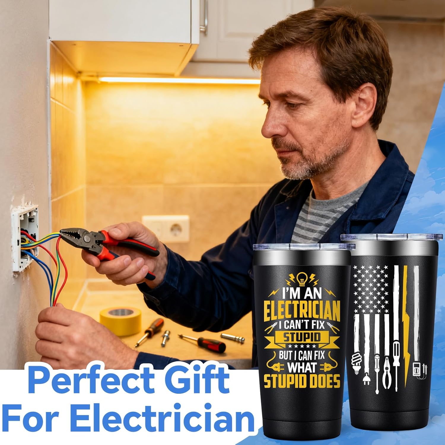 SpenMeta Electrician Gifts for Men - Cool Fathers Day, Christmas, Birthday Gifts for Electricians - I'm an Electrician I Can't Fix Stupid Tumbler Cup 20oz - Image 2