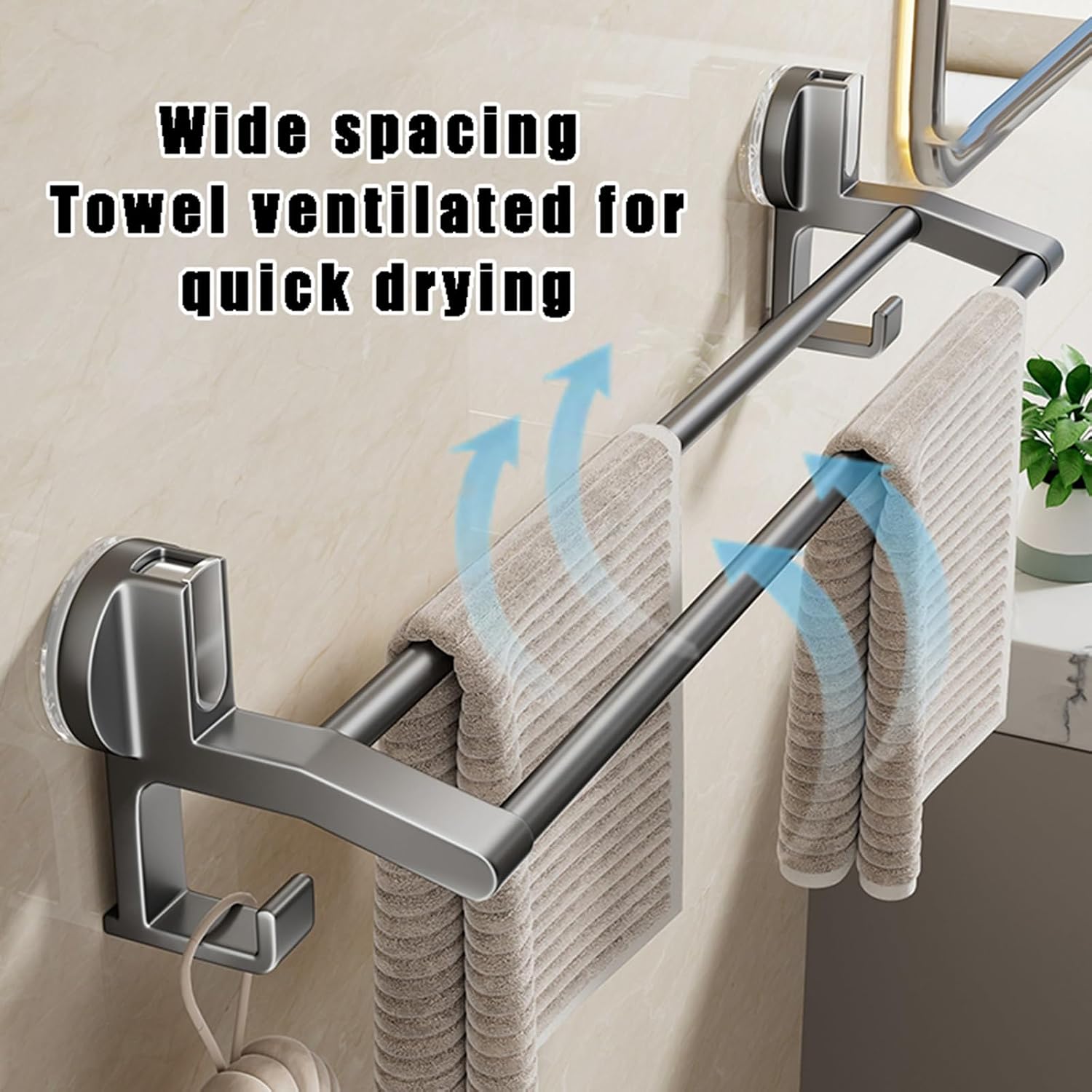 Wall-Mounted Vacuum Absorption Towel Holder - Removable, Waterproof, Aluminum with 2 Bars - Wider Spacing for Easy Hanging Towels - Perfect for Bathroom & Kitchen Use