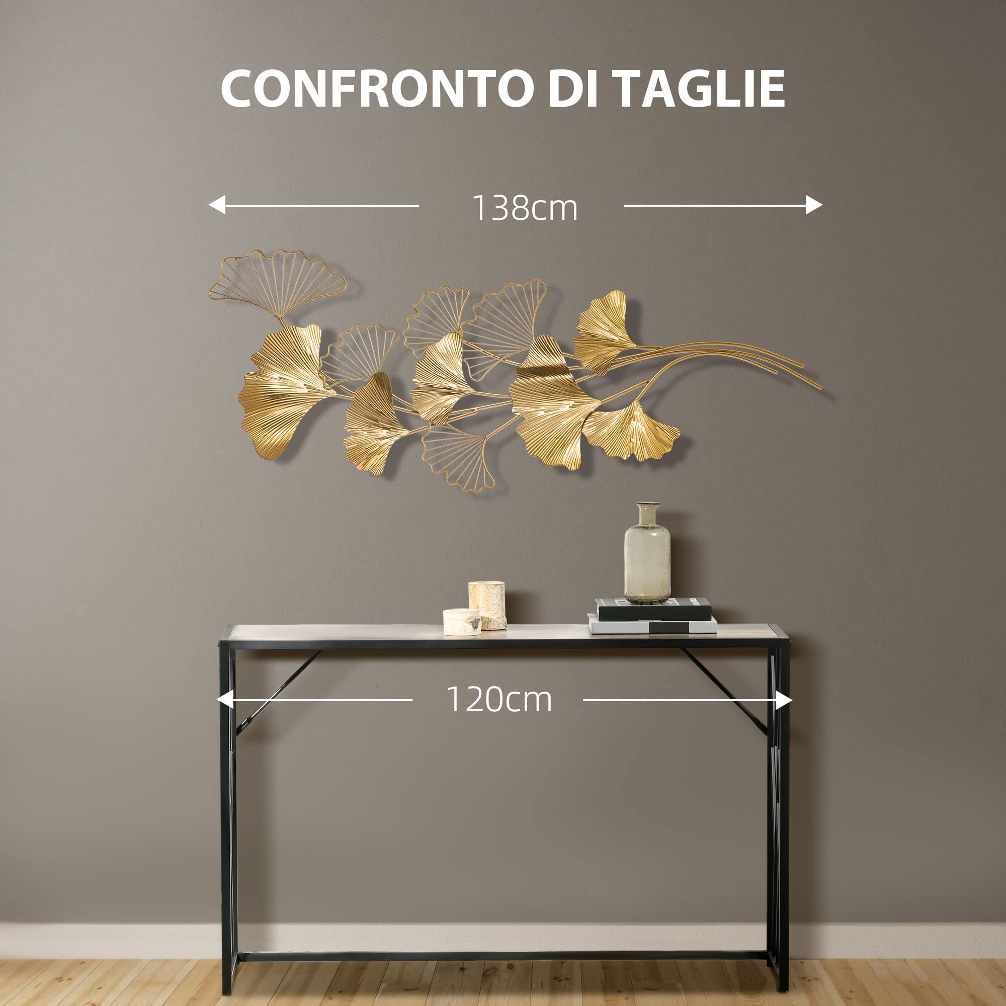 HOMCOM Decorazione Murale 3D in Metallo, Wall Art Dorata con Foglie di Ginkgo 138x70cm