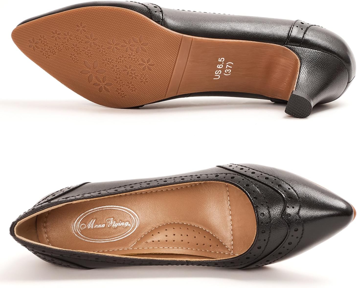 Mona flying Women's Leather Pointed Toe Vintage Brogue Pumps Slip On Mid Heels Dress Shoes for Ladies - Image 5