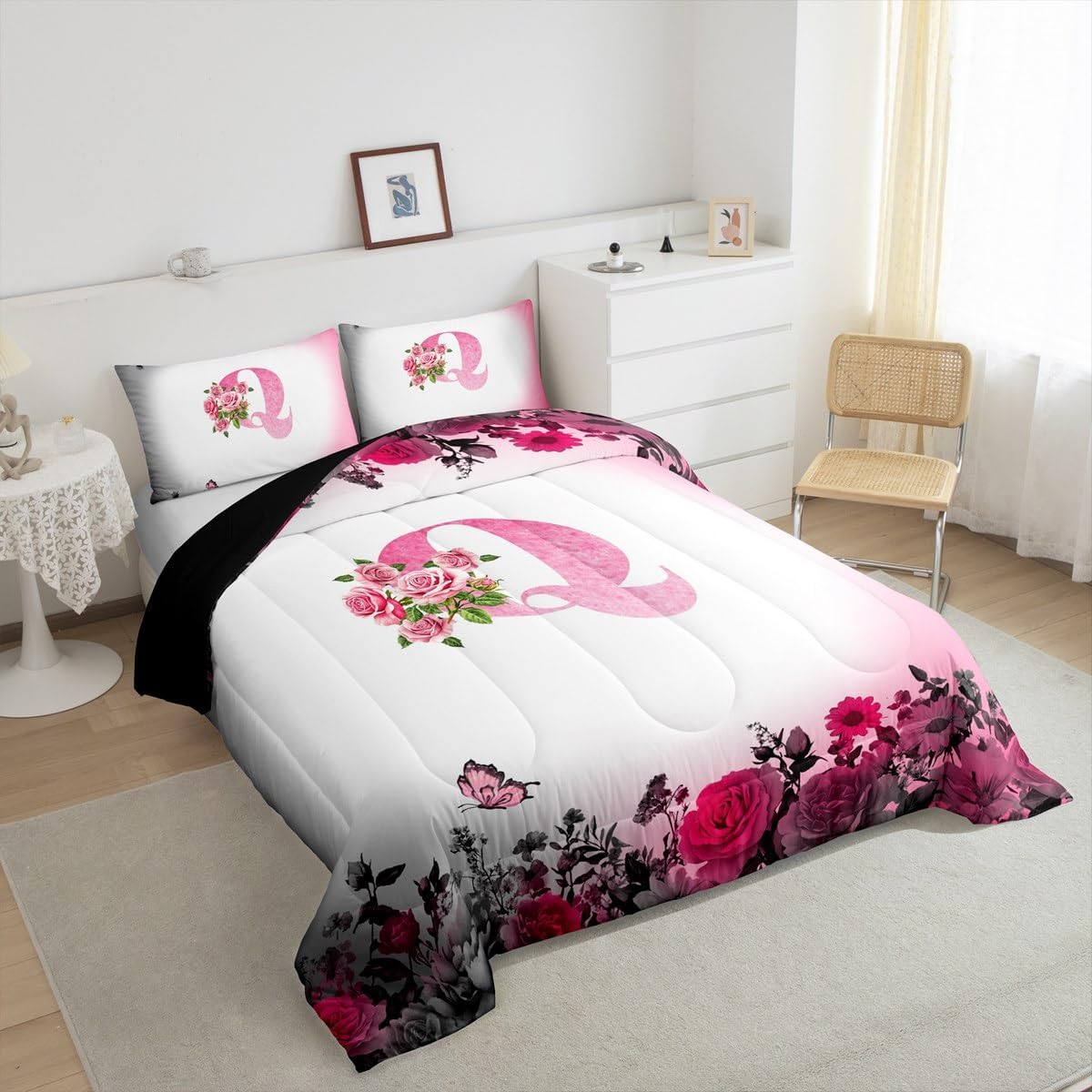 jejeloiu Letter Flowers Comforter Set Toddler Size for Kids Teens Girls Woman Personalized Initial Q Bedding Set Ultra Soft Modern Fashion Quilt Black Pink Floral Rose Butterfly Monogrammed