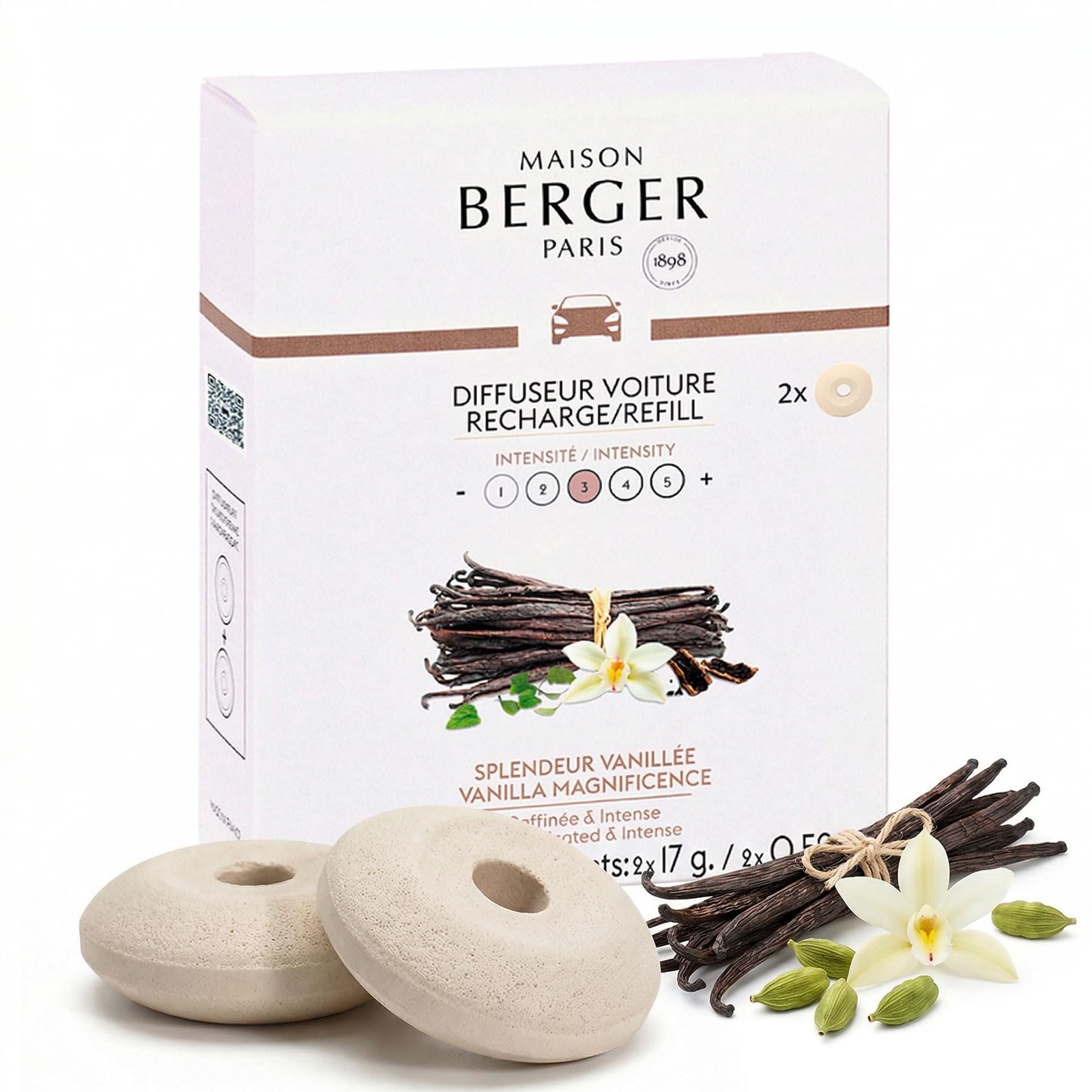 Maison Berger Splendeur Vanillée Luxury Car Diffuser Refill Set Vanilla Magnificence – Pack Of 2 Ceramic Refills, 4-6 Week Passive Diffusion, Made In France