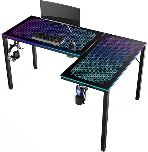 EUREKA ERGONOMIC Escritorio LED RGB en forma de L de 60 pulgadas sincronizaciĂłn de mĂşsica ilumina escritorio de vidrio templado GTG L60 reversible EUREKA ERGONOMIC Escritorio LED RGB en forma de L de 60 pulgadas sincronizaciĂłn de mĂşsica ilumina escritorio de vidrio templado GTG L60 reversible
