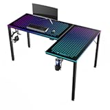 RGB LED Lights 60 Inch L Shaped Reversible Black Glass Gaming Desk Home Office Computer Table GTG L60