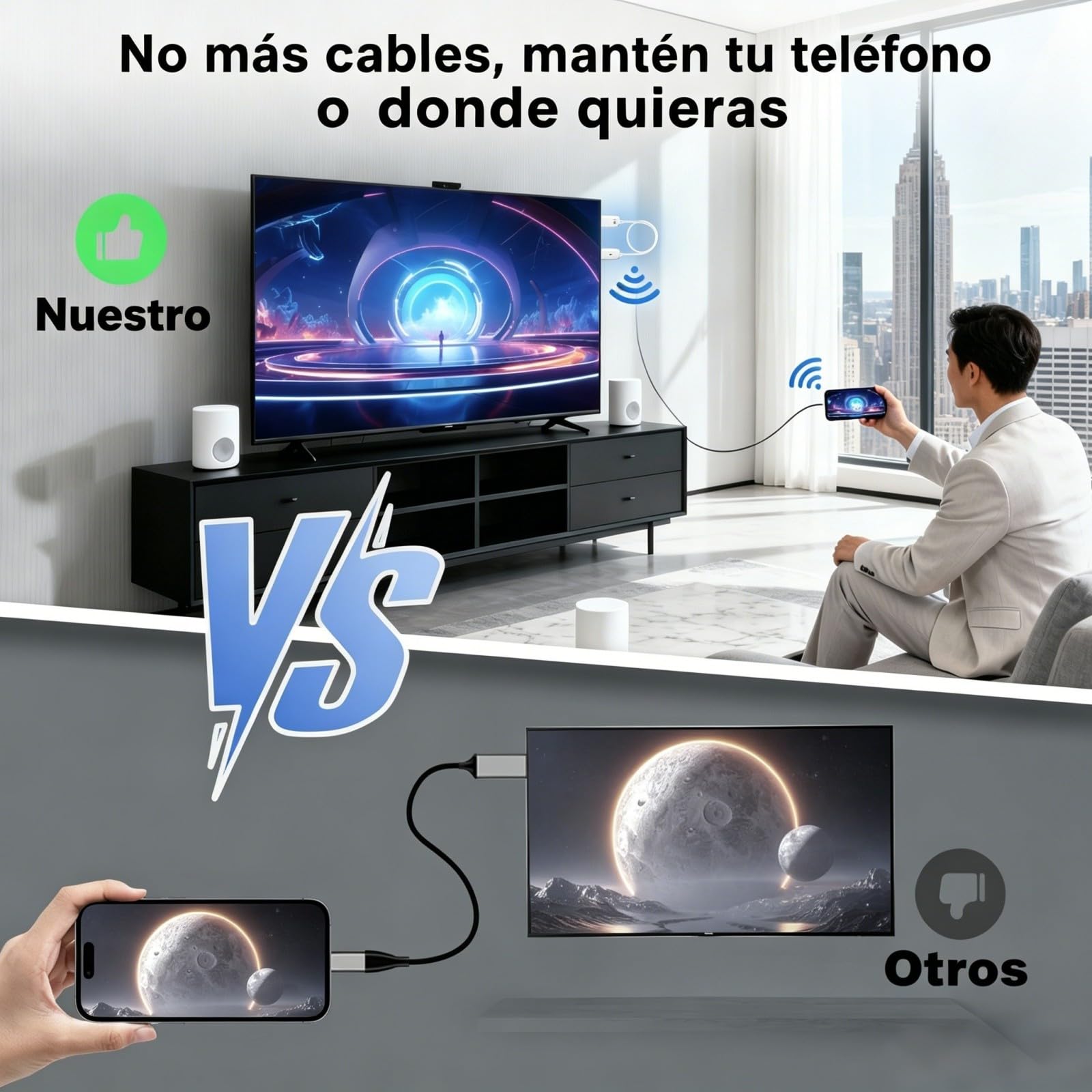 Adaptador HDMI Inalámbrico, Cable Duplicación Pantalla 1080P@60Hz con Decodificación 4K, Plug-and-Play sin WiFi/App/Bluetooth, Dongle AirPlay Miracast para iPhone Android PC a TV Proyector Monitor