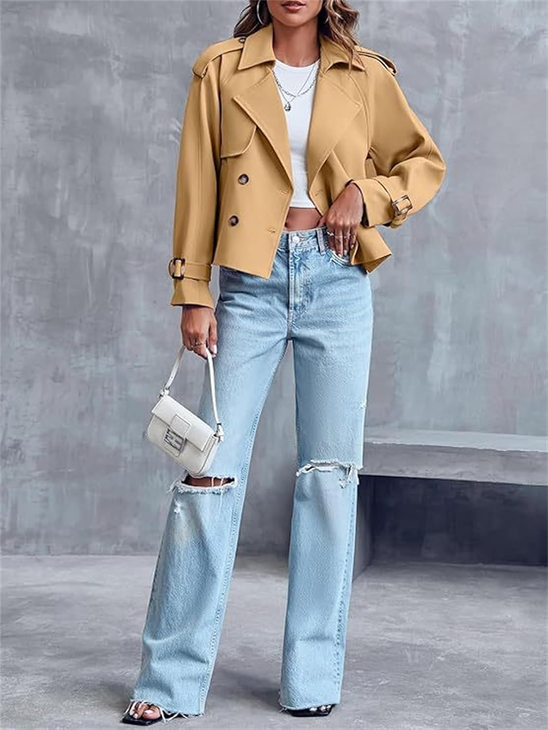 Women Crop Double Breasted Trench Coat Classic Double-Breasted Lapel Cropped Jacket, Fall Casual Work Lightweight Trench Coat