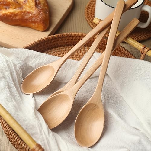 Miniatura 7 de Juego de 6 cucharas de madera, cucharas ovaladas de madera para mezclar, cucharas de mango largo, antiadherentes, utensilios de cocina de estilo