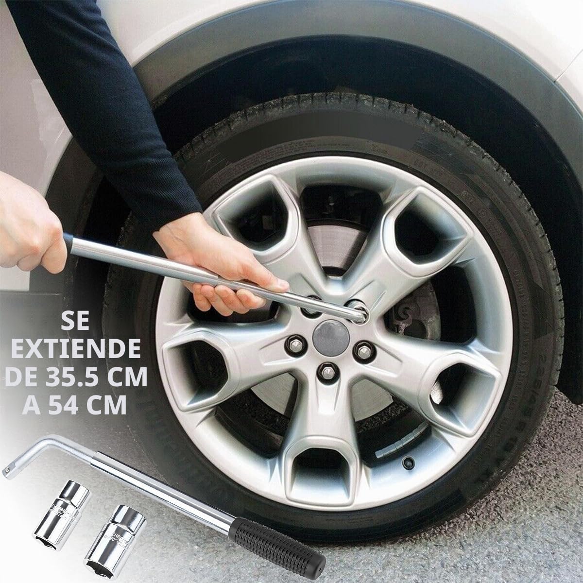 CGEAMDY Llave de Rueda Universal, Telescópica, Mango Extensible, Bujes de Varias Tallas, Llave de Tornete para la Eparación de Neumáticos de Caravana de Camión Vehículos