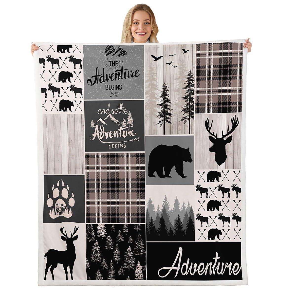 Buffalo Patchwork Fleece Blanket Throw Size, Hunting Bear Deer Sherpa Blanket For Kids Teens Adult, Rustic Farmhouse Grid Claw Throw Blanket Adventure