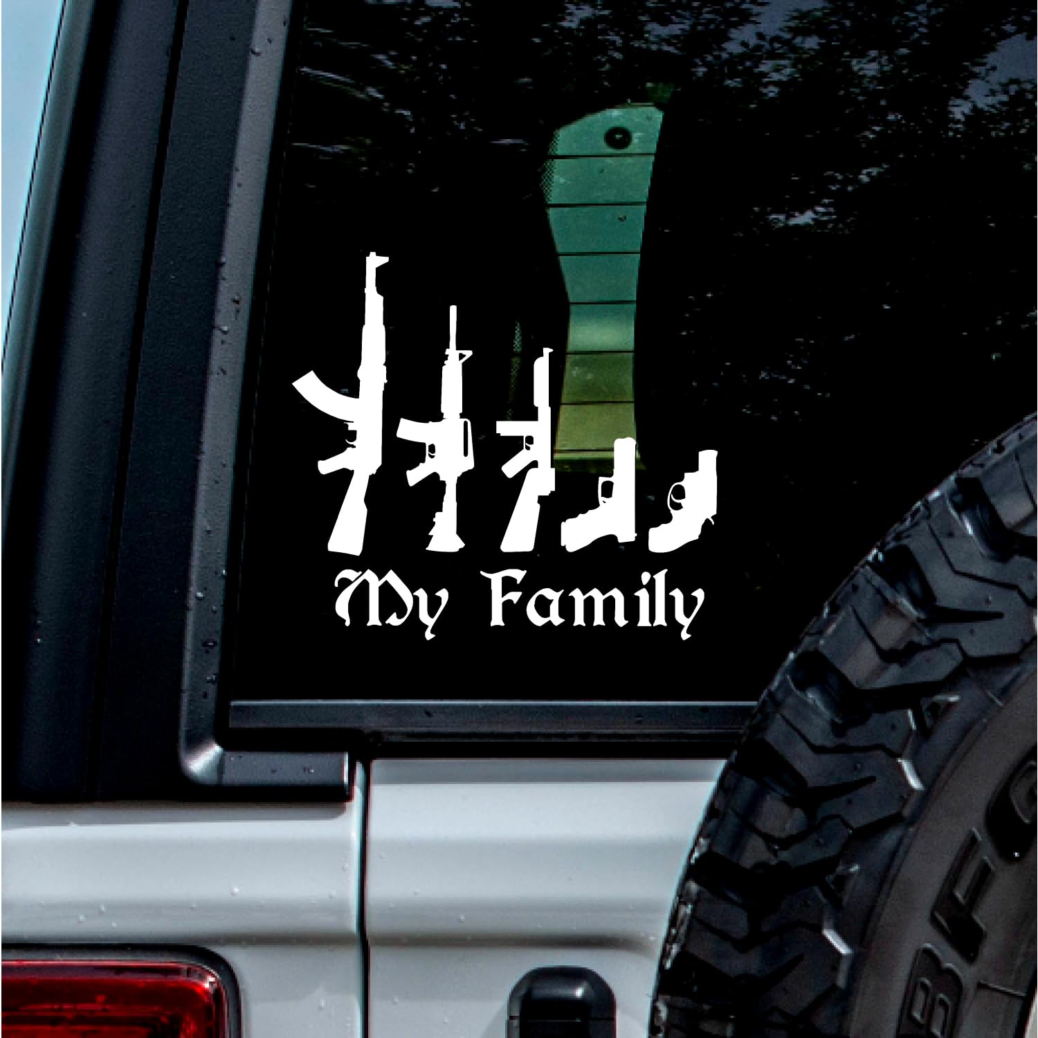 (2 Pcs, 12.1'' x 11'', White) – No Background – Durable and Waterproof of My Family Guns Weapon Funny Sticker Decal for Laptops, Water Bottles, Cars,