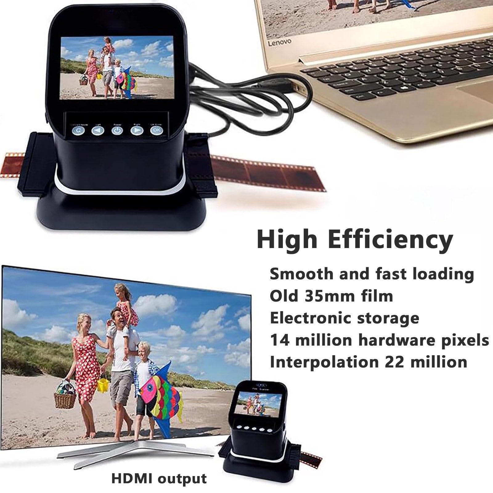 Scanner de diapositives pour 35 mm, 135, 126, 127 négatifs et diapositives vers JPEG numérique, résolution 22 MP, écran LCD 4,3" avec aperçu et édition d'image