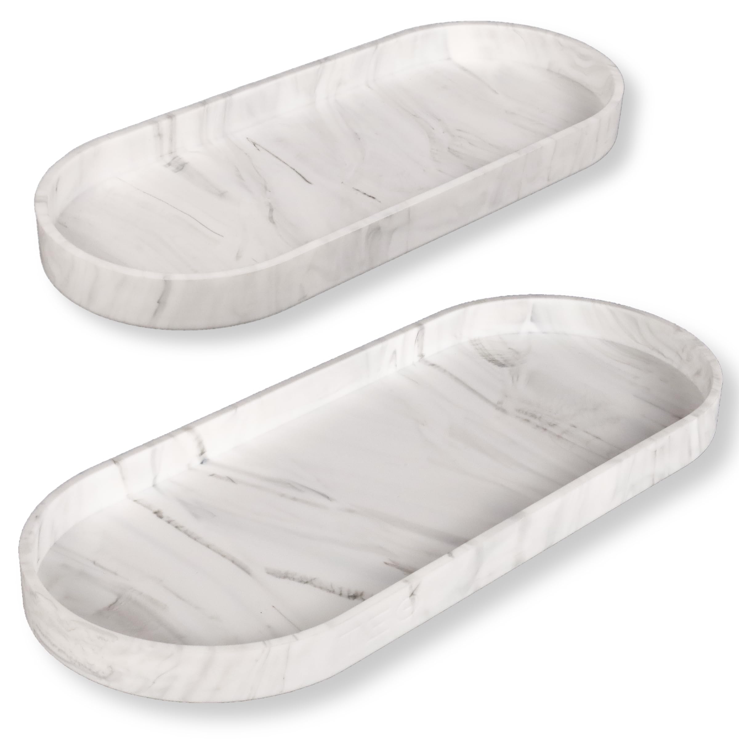 TEO Silicone Tray Set - 2 PC (14.5" & 12") Large Shatterproof White Marble Design Vanity Trays for Bathroom, Kitchen, Counter, Toilet, Bedroom, Soap Dispenser, Bathroom Sink Decor Organizer