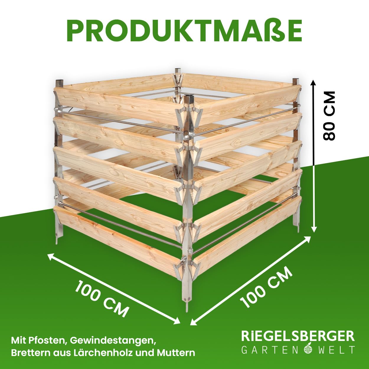 Gartenwelt Riegelsberger Komposter aus Lärche 100x100 cm Höhe 80 cm | Eleganter Komposter Single mit Edelstahlpfosten | Witterungsbeständig, stabil & langlebig