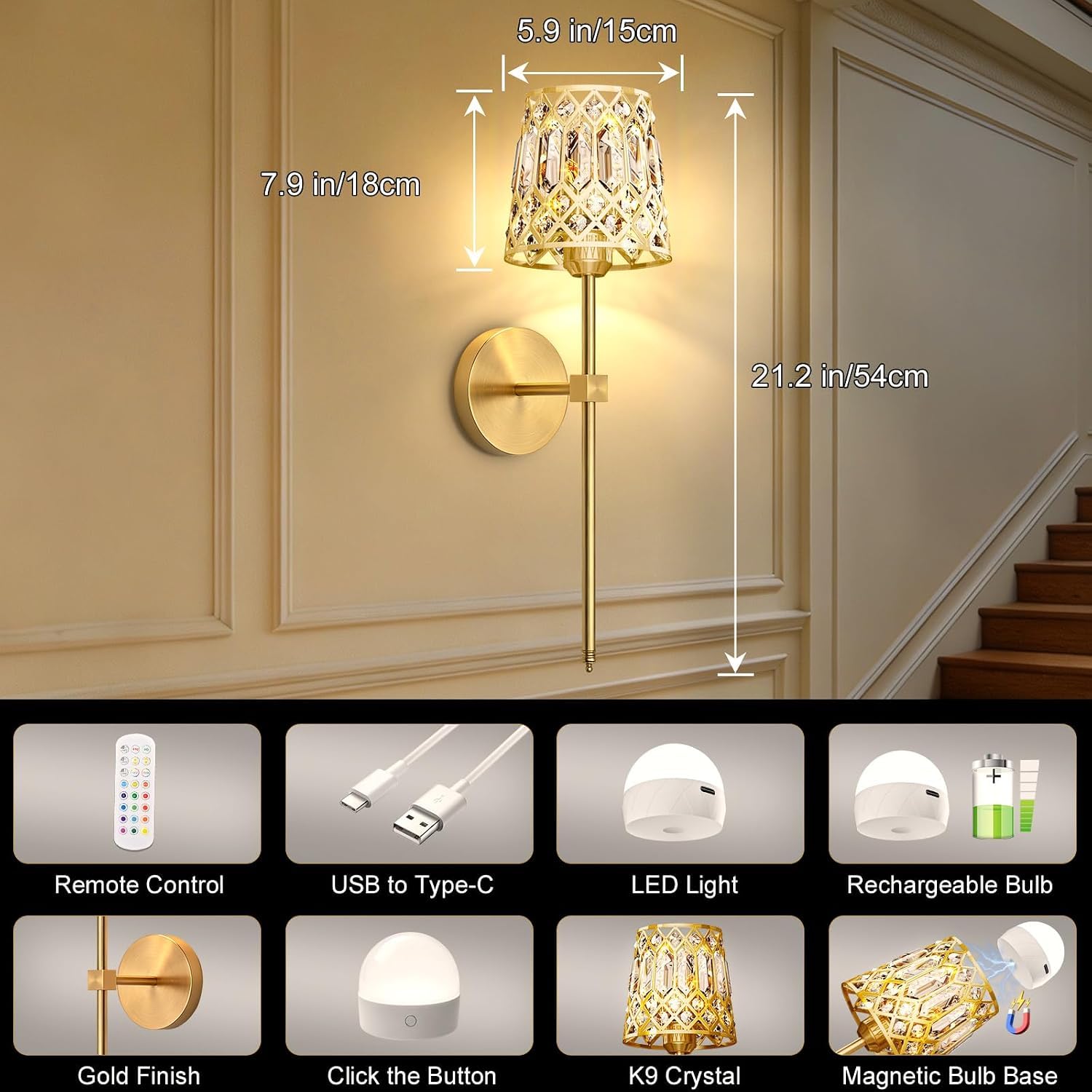 2 Stück Gold Kristall Wandleuchte Akku Vintage Wandlampe Ohne Stromanschluss mit Fernbedienung Dimmbar Nachttischlampe USB Aufladung Schlafzimmerlampe Deko Batteriebetrieben für Wohnzimmer Flur