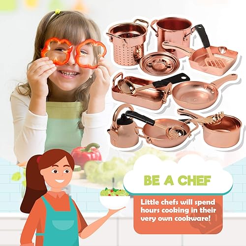 Miniatura 2 de Juego de utensilios de cocina de plástico con aspecto de cobre de 13 piezas para juegos de cocina para niños de 3 años en adelante