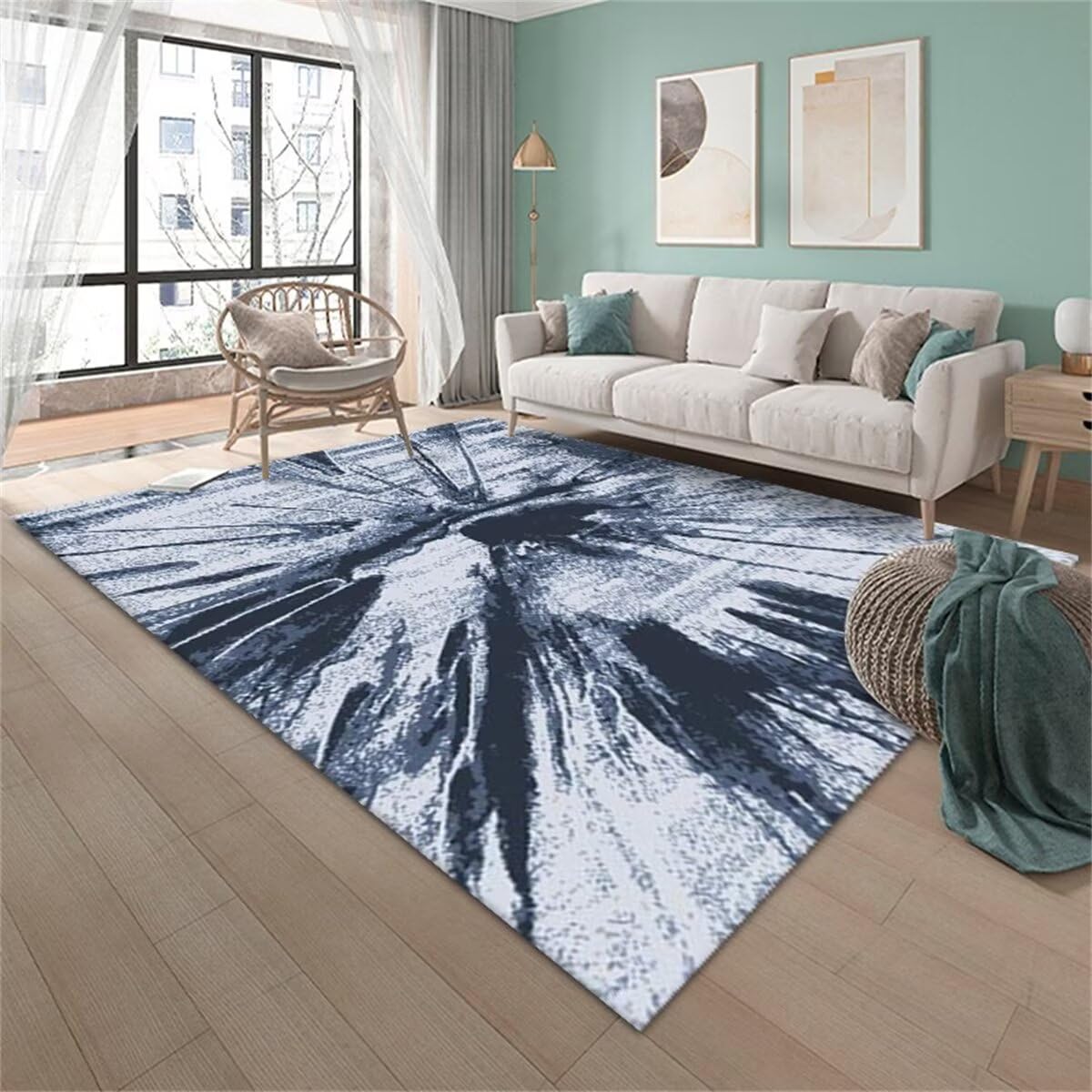 Tapis de chambre double 160x200cm bleu gris abstrait jet d'encre pour grand salon