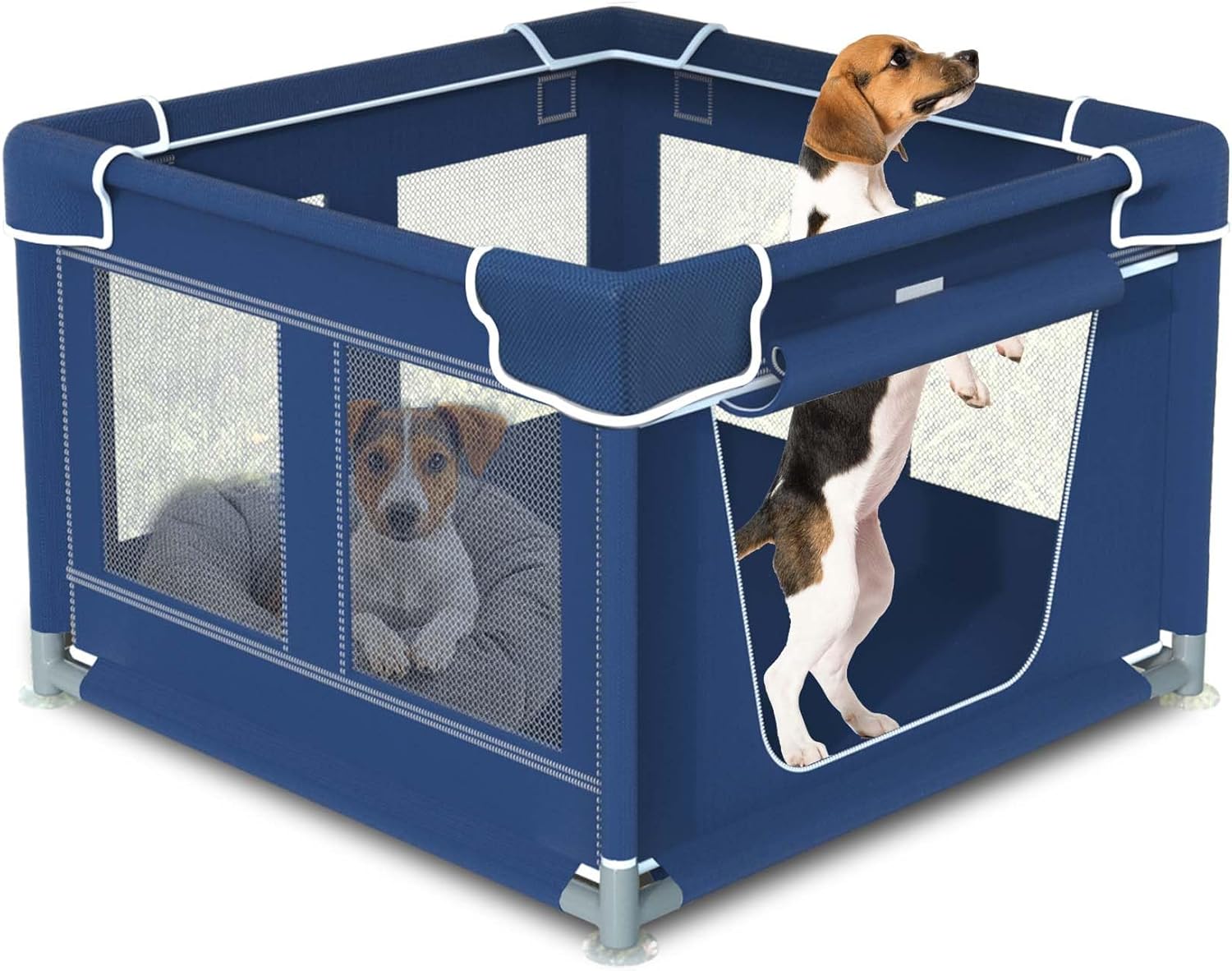Dog Playpen, 42x42x25.6 Inches Foldable Portable Soft Puppy Playpen with Gate, Thickened Fabric Mesh Dog Fence with High-Strength Nylon Wire Mesh, Indoor Outdoor Breathable Exercise Pet Fence Cage