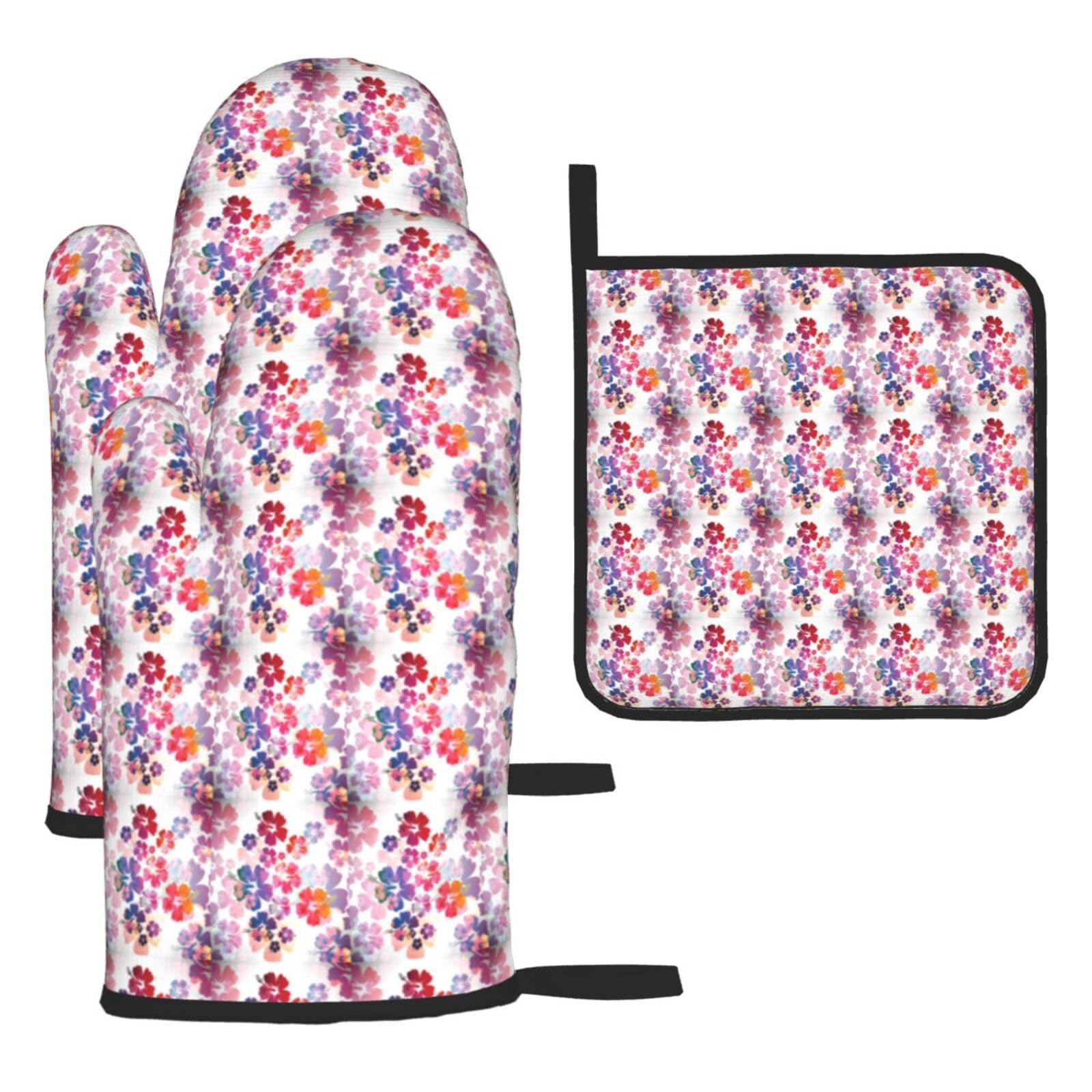 Hawaiian Flower Print Print Oven Set Kitchen Gloves Baking Grilling Microwaving Cooking Gift Everyday Holiday