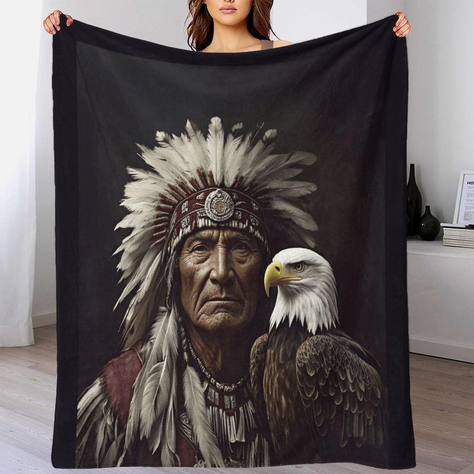 Dafufbw Native American-11 Super Soft 3D Native American Throw Blanket 50X60inch(127X152cm) Premium Silky Flannel Fleece Ribbed Jacquard Lightweight Bed Blankets With Mohican Eagle All Season Use