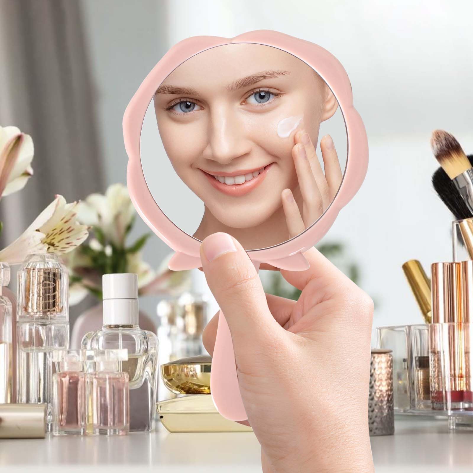 Specchio Portatile a Forma di Rosa, Specchio da Tavolo con Manico, Specchio da Viaggio per Casa e Viaggi, Rosa