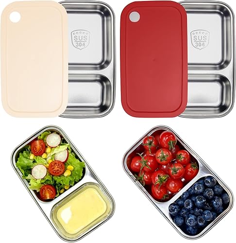 Paquete de 2 recipientes de acero inoxidable con tapas, 2 compartimentos de 16.9 onzas, tapa a prueba de fugas, caja de ensalada reutilizable para