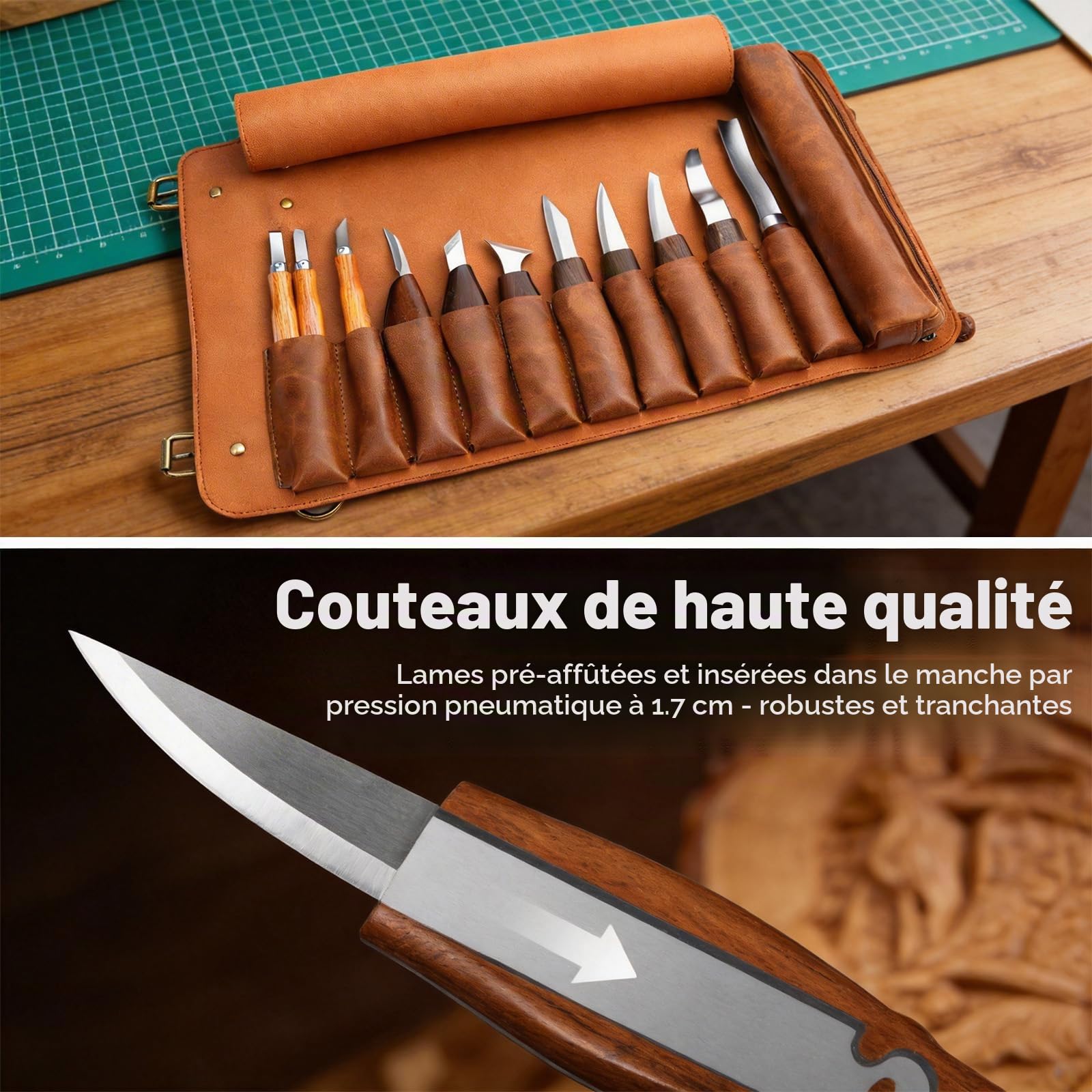 Set de sculpture sur bois | Set d'outils de sculpture sur bois | Tekchic, set de 14 couteaux à sculpter avec étui en PU (marron) – pour débutants, professionnels et passionnés de sculpture sur bois