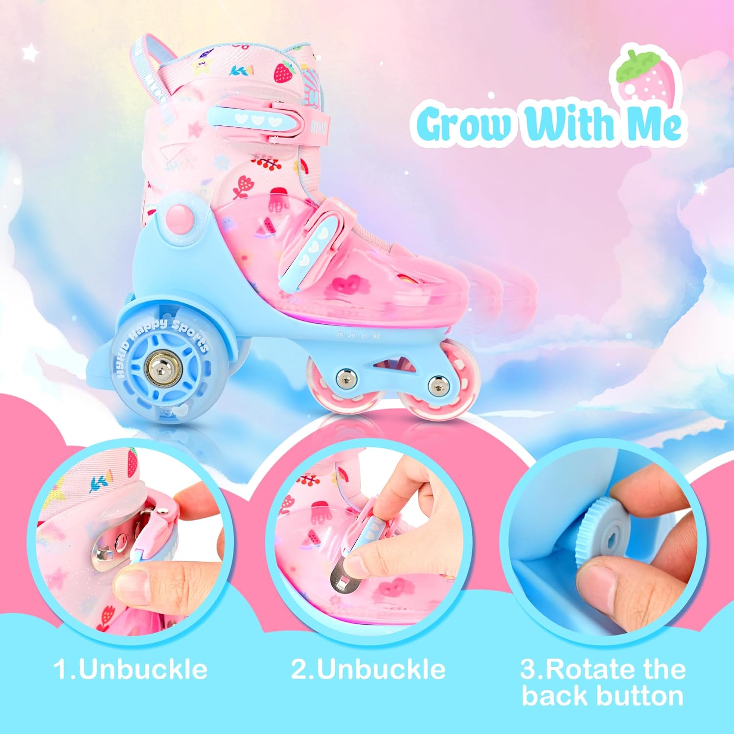 HYKID Toddler Roller Skates, 4 Adjustable Sizes, Fun Illuminating, Safety Three-Point Type, Breathable Upper, Beginners' Roller Skates for Girls Boys Kids