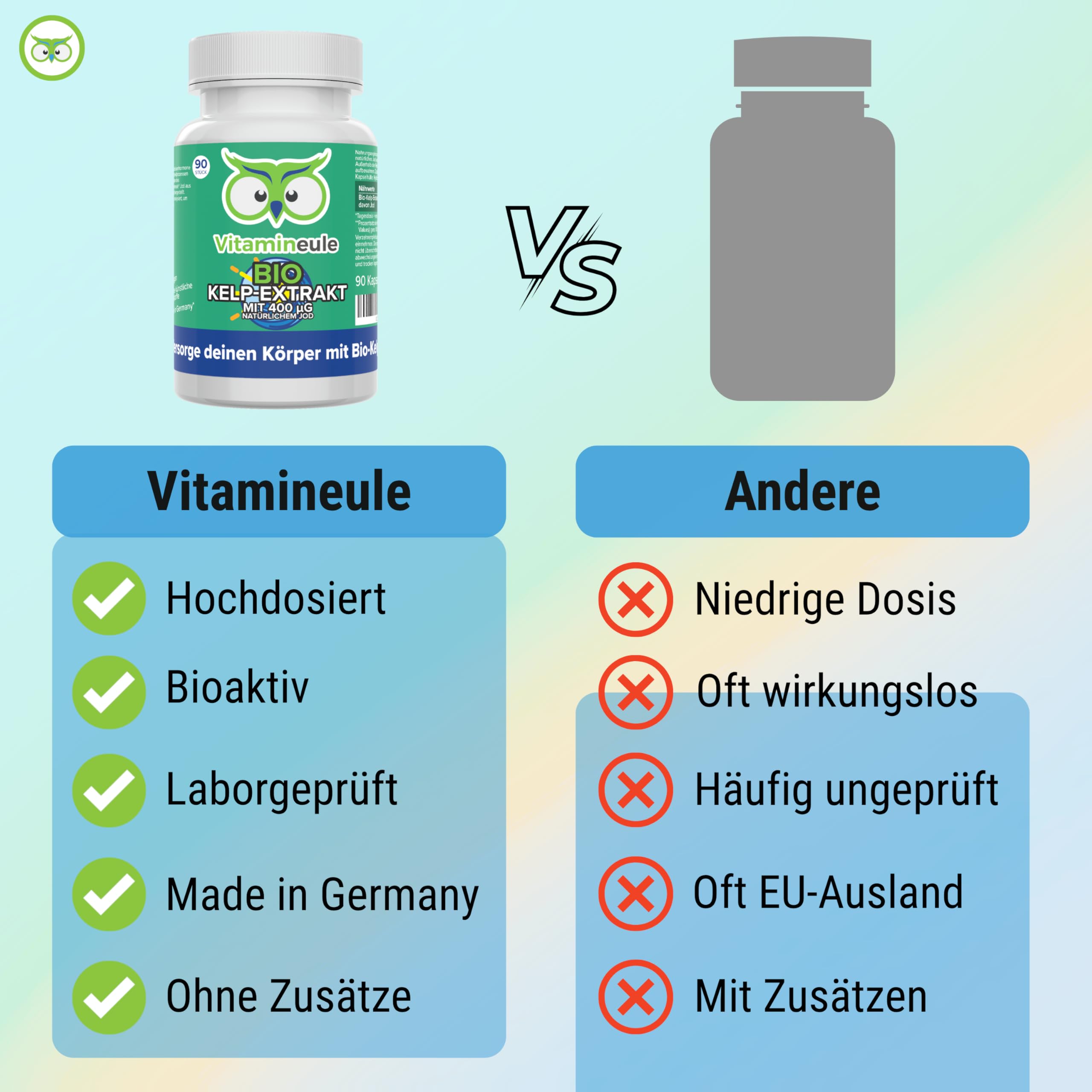 Jod Kapseln Bio - hochdosiert 400 µg aus Bio-Kelp (Braunalge) - bioaktiv & vegan - Produktion in Deutschland - Jod aus Meeresalgen - laborgeprüft & ohne Zusatzstoffe - Vitamineule®