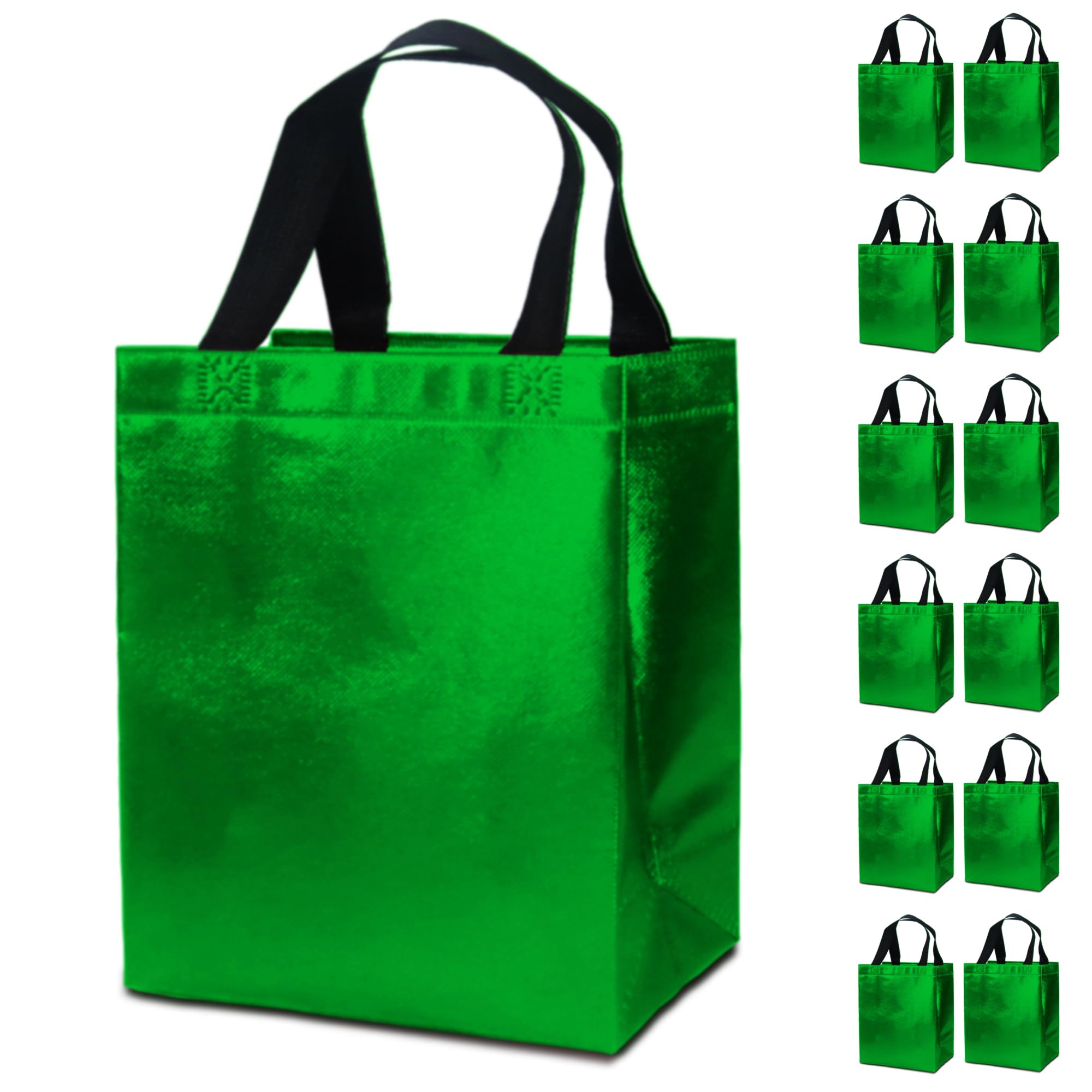 FONXHEE 12 Green Gift Bags with Tissues - Medium Sturdy Reusable, Glossy Metallic Non Woven 8x4x10 for Christmas, Easter, Graduations, Birthdays &