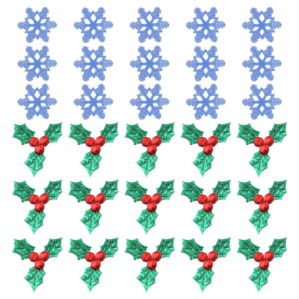 Hugede Blue 150 Pcs Tiny Plastic Snowflakes Holly Leaves Berries Christmas Holly Leaf Decorations Small Snowflake Ornaments For Christmas Tree