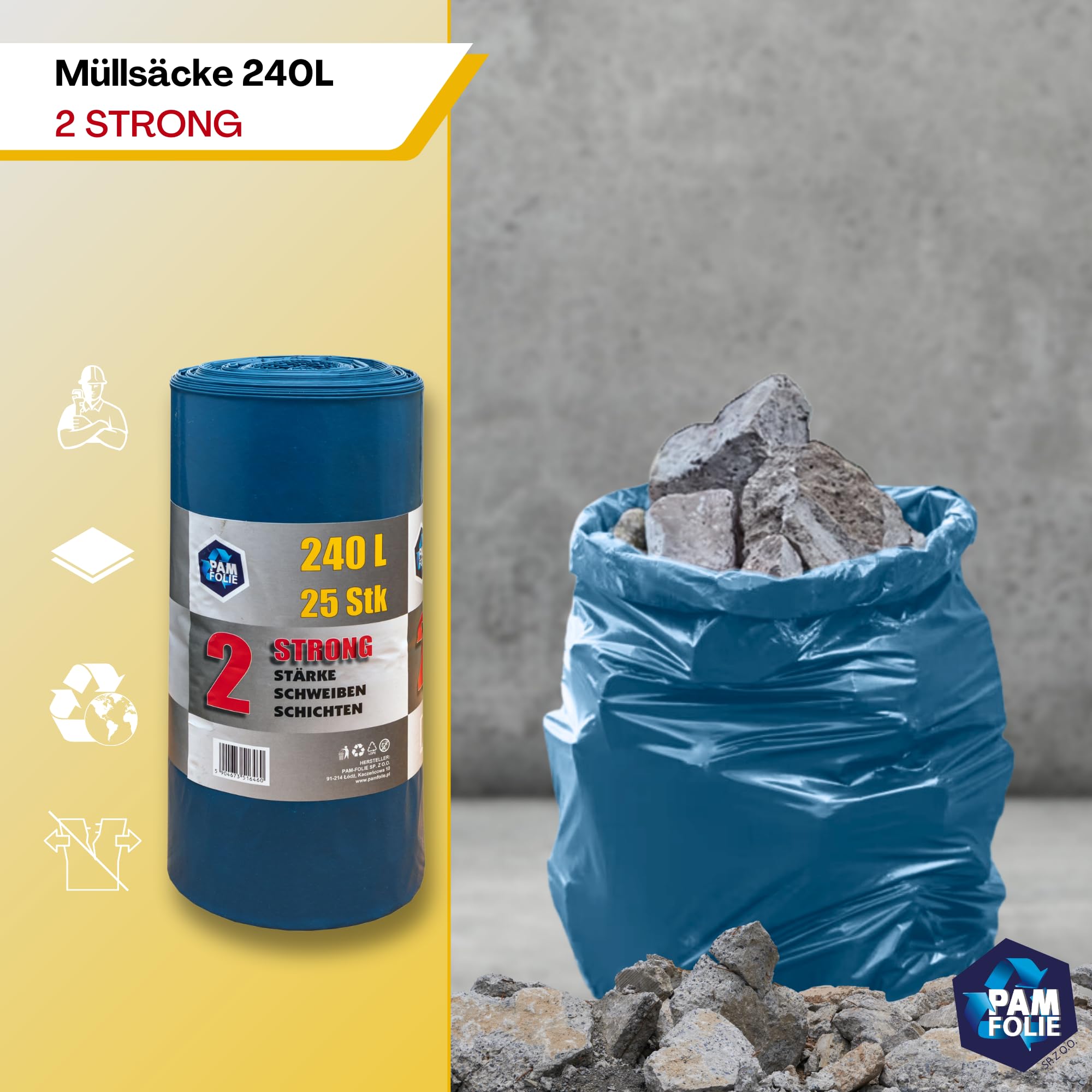 Extra Starke Müllsäcke 240L - 25 Stück - Große, Dicke Abfallsäcke - 100x125cm - Doppelschicht - schwarzer, blauer Müllbeutel - Bauschuttsäcke - Bauschuttsäcke, universal