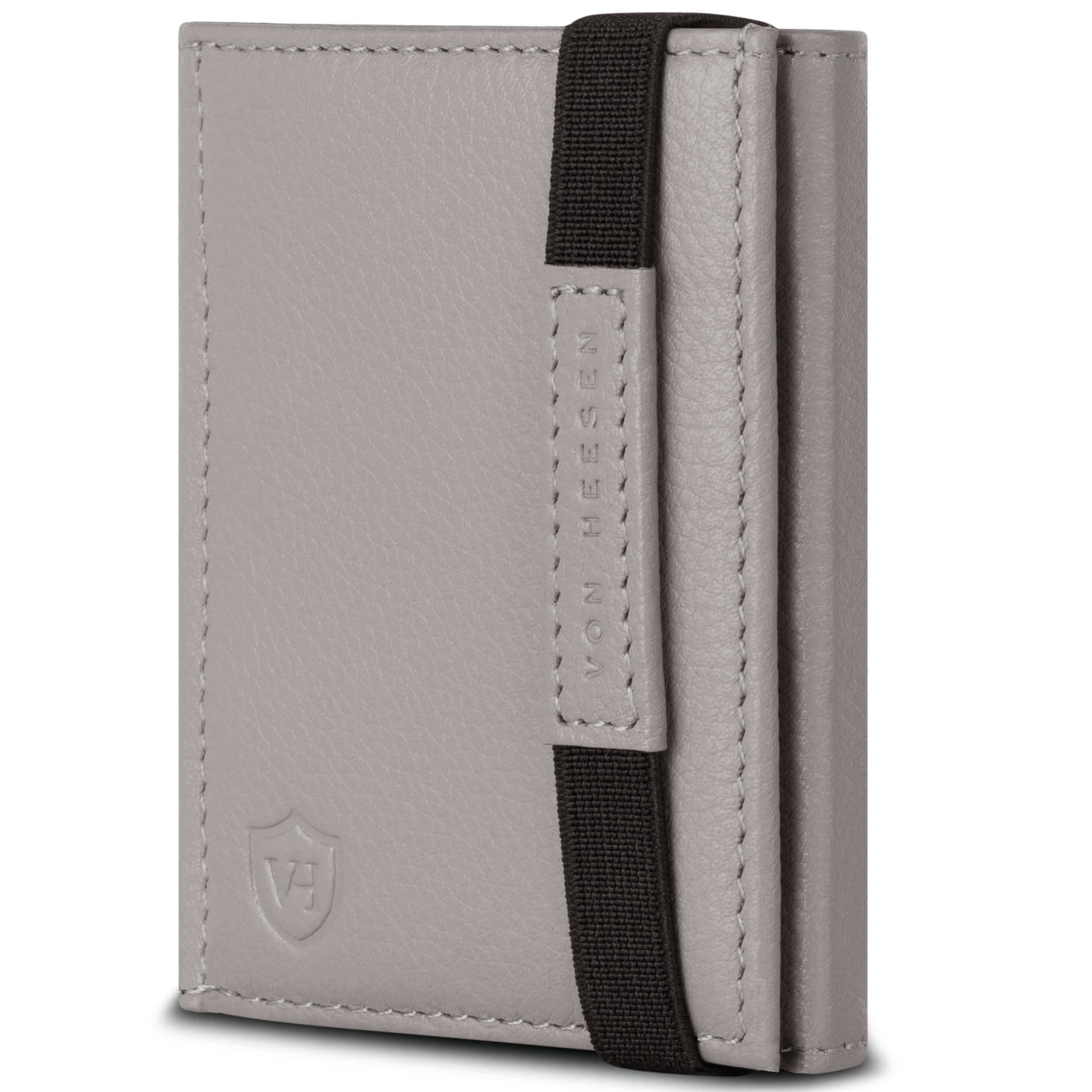 VON HEESEN Slim Wallet mit RFID Schutz - Geldbörse Herren klein - Mini Geldbeutel Damen Portmonee - Kartenetui Echtleder Karten Portemonnaie - Leder Kreditkartenetui Grau