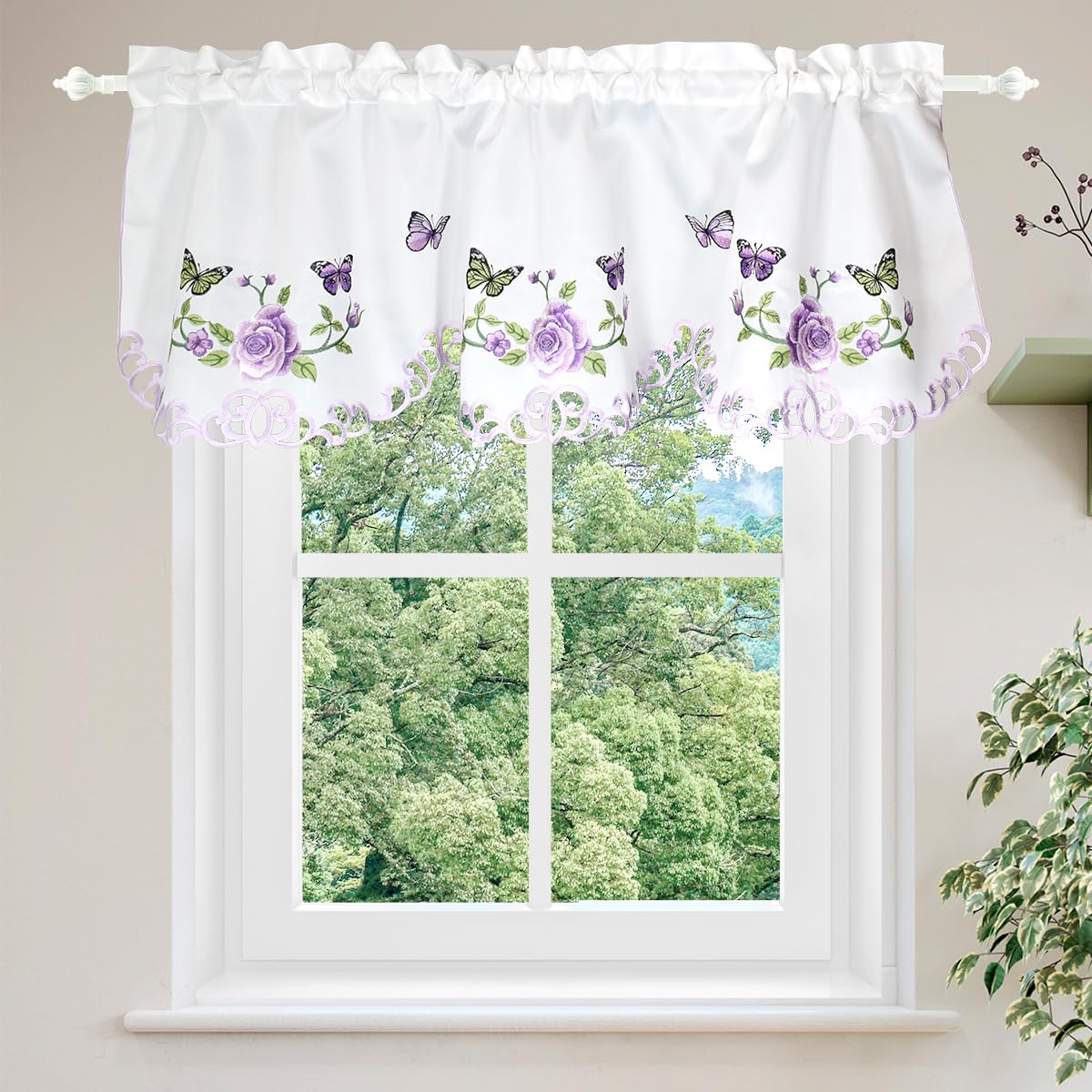 Molaxhome Beautiful Dazzling Embroidered Window Valance,Rod Pocket Valance and Tiers for Home Decor (Purple, W52x18L)