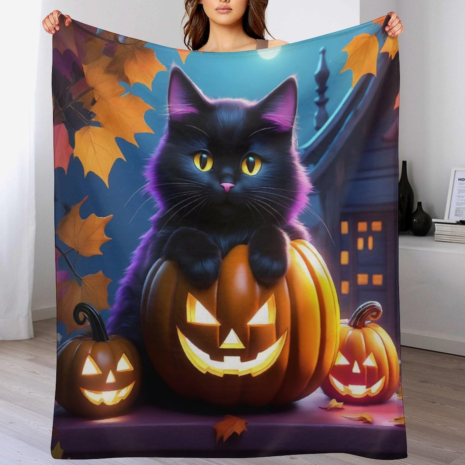 Couverture chat Halloween en flanelle 140x180 cm jeté de lit pour canapé