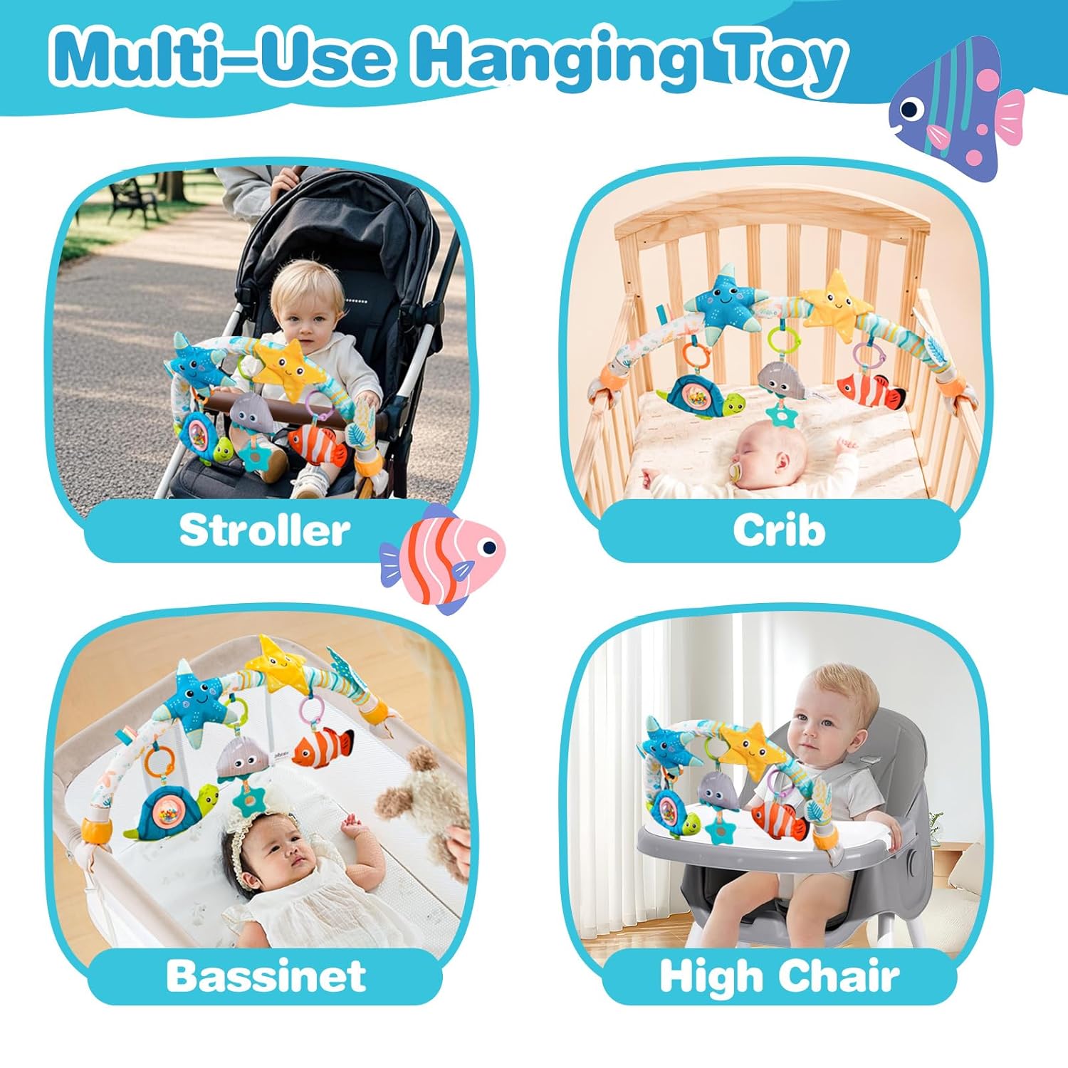 Jollybaby Musical Bassinet Stroller Crib Mobile Toy for Baby 0-6-12 Months, Infant Clip On Arch Hanging Toy with Music Box for Bjorn Bouncer, Portable Mobile Attachment Toy for Newborn Gift - Starfish