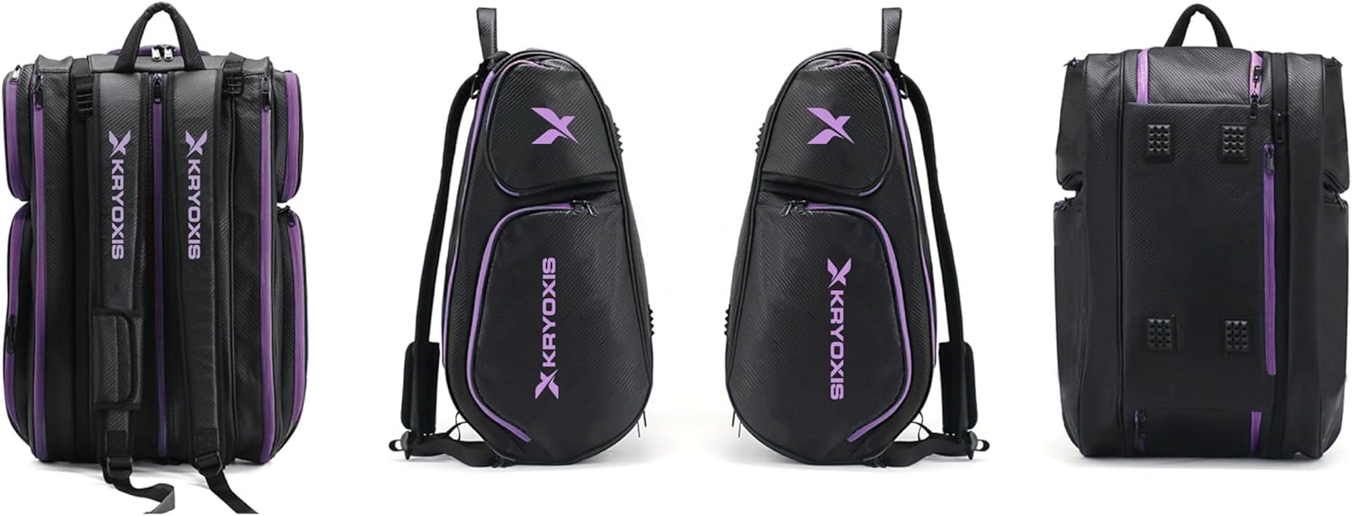 Pro Tournament Pickleball Bag, Premium Backpack with Purple Accents, Black Carbon Fiber Pattern Design, Multiple Compartments for Sports Equipment