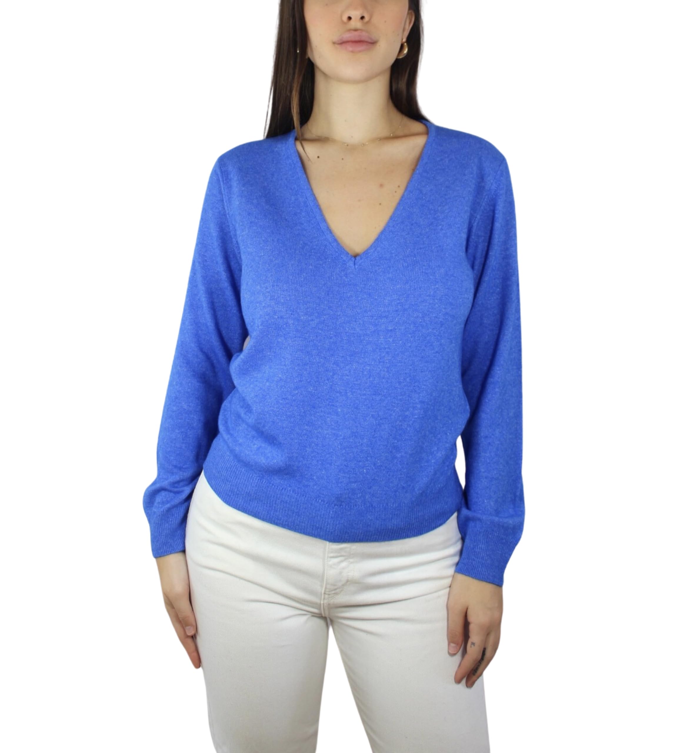 Win's Women's Cashmere V-Neck Sweater, Made in Italy, Dark Blue Heather, Large