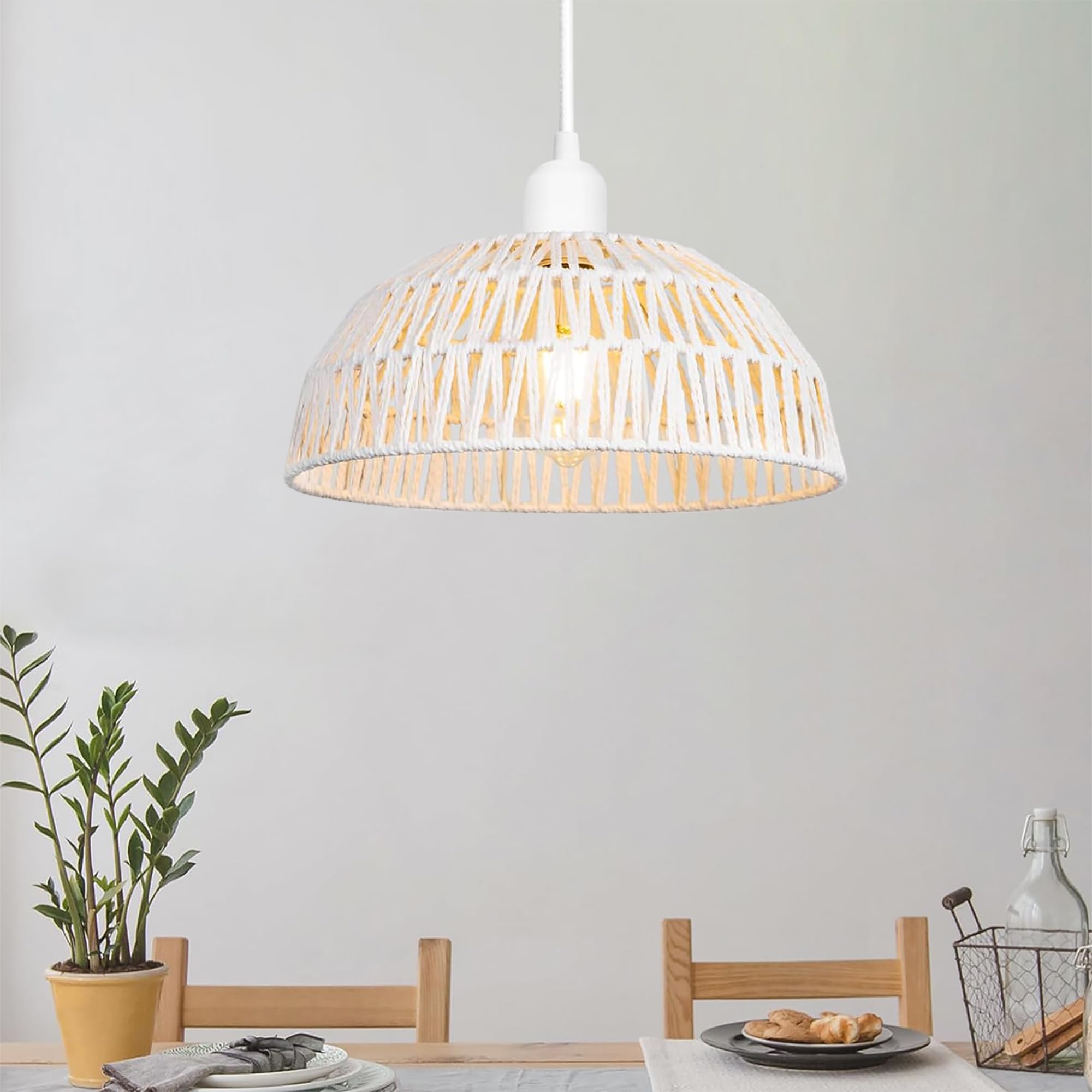 Homesake® Woven Boho Macrame Pendant Light Hanging Lamp Basket Rattan Fixtures Ceiling Handmade Cage Semi Flush Mount Mini Chandeliers Bulb Small Nursery Entryway Bamboo Living Hallway (White) (B0CWDCHQHZ) Amazon Price History, Amazon Price Tracker