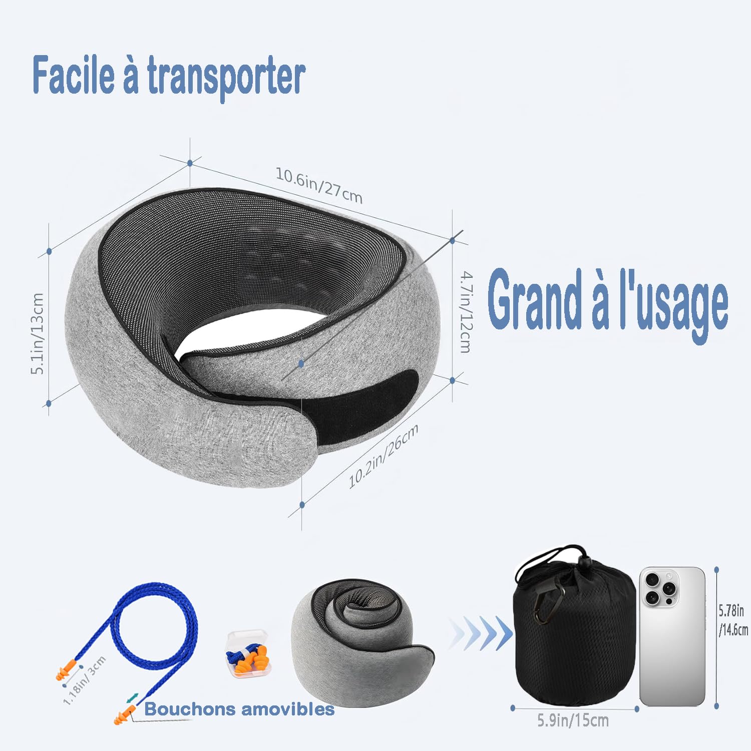 Oreiller de Voyage, Coussin de Nuque pour Avion avec Capuche, Support en Mousse à mémoire de Forme à 360 °, Housse Lavable pour Voiture, Train et Bureau (Gris)