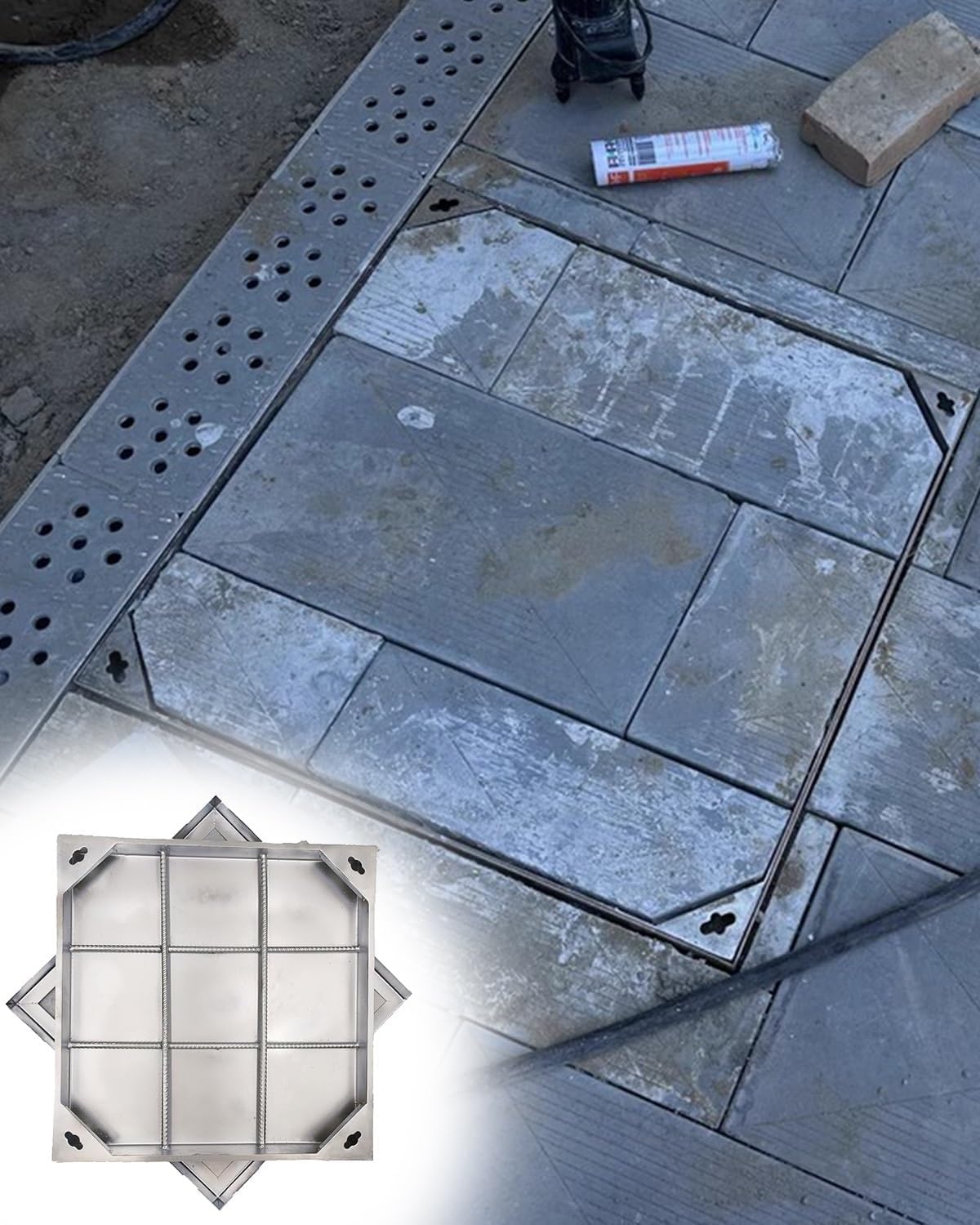 Square Septic Tank Lid - Invisible Driveway Utility Cover, Recessed Stainless Steel Sewage Basin Frame, Durable Outdoor Indoor Manhole Sewer Diverter Strainers (40x40x5cm)