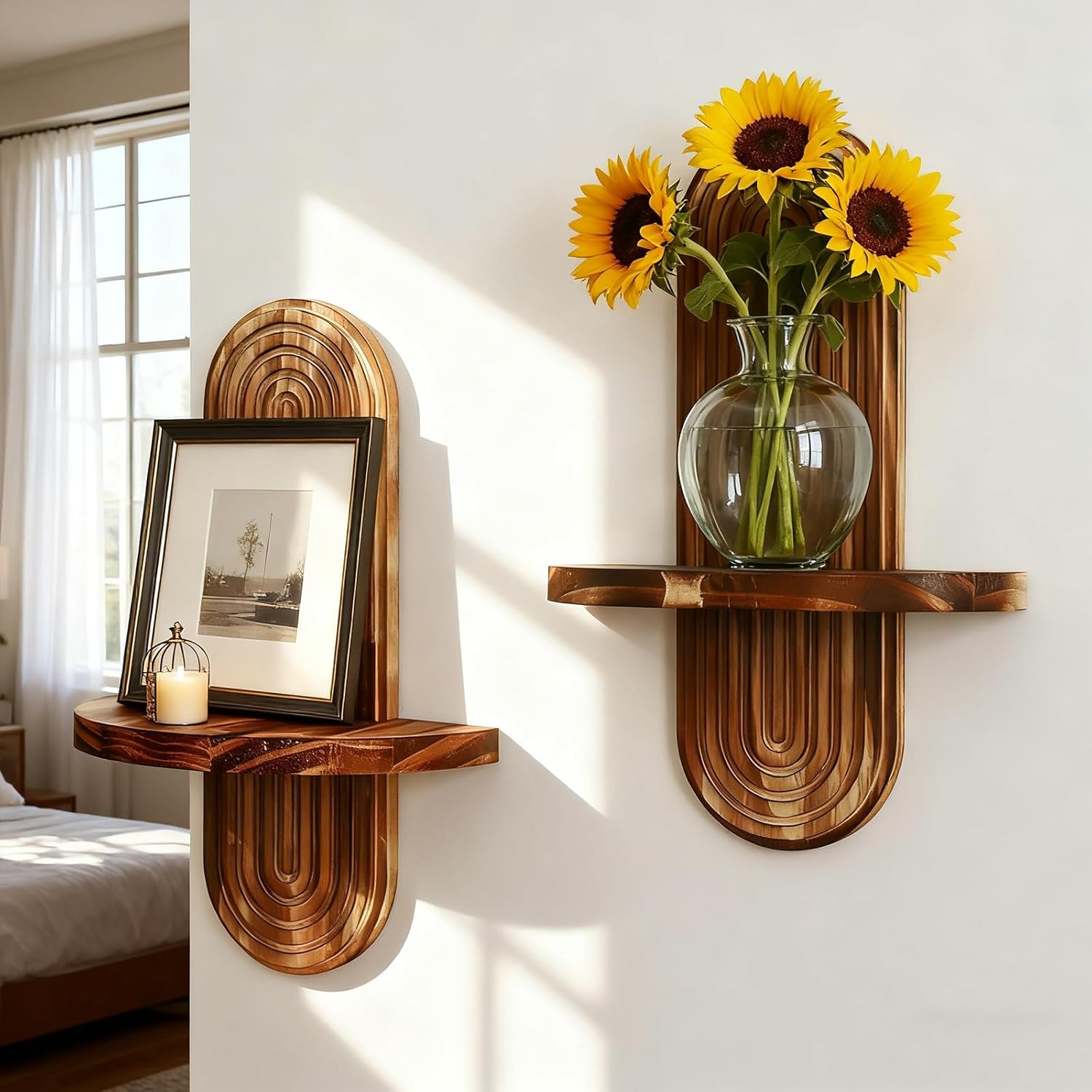 Artilady 2 Pack Wood Wall Hanging Shelves Boho Floating Shelf 2 Tier Handmade Rainbow Arch Vintage Wooden Wall Decor Trinket Storage Rack for Bedroom Living Room Nursery Bathroom