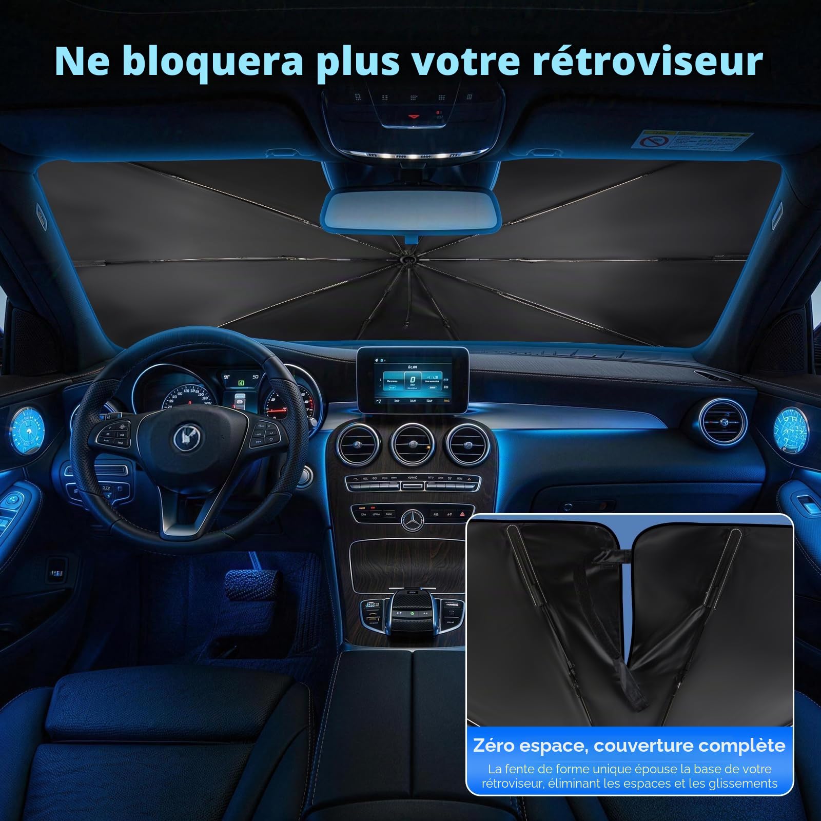 Pare-Soleil Voiture Pare-Brise Avant, 145x85cm Grande Taille,Protection UV & Anti-Chaleur Pliable Poignée pivotante, avec Découpe pour Rétroviseur – Idéal pour SUV et pour Voiture.