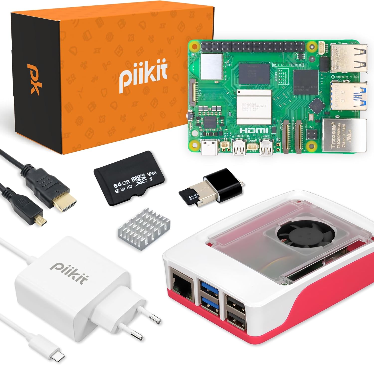 Starter Kit for Raspberry Pi 5 8GB 64GB MicroSD Card 27W Power Supply Case with Built-in Fan and Heatsink 4K 60Hz Micro HDMI Cable