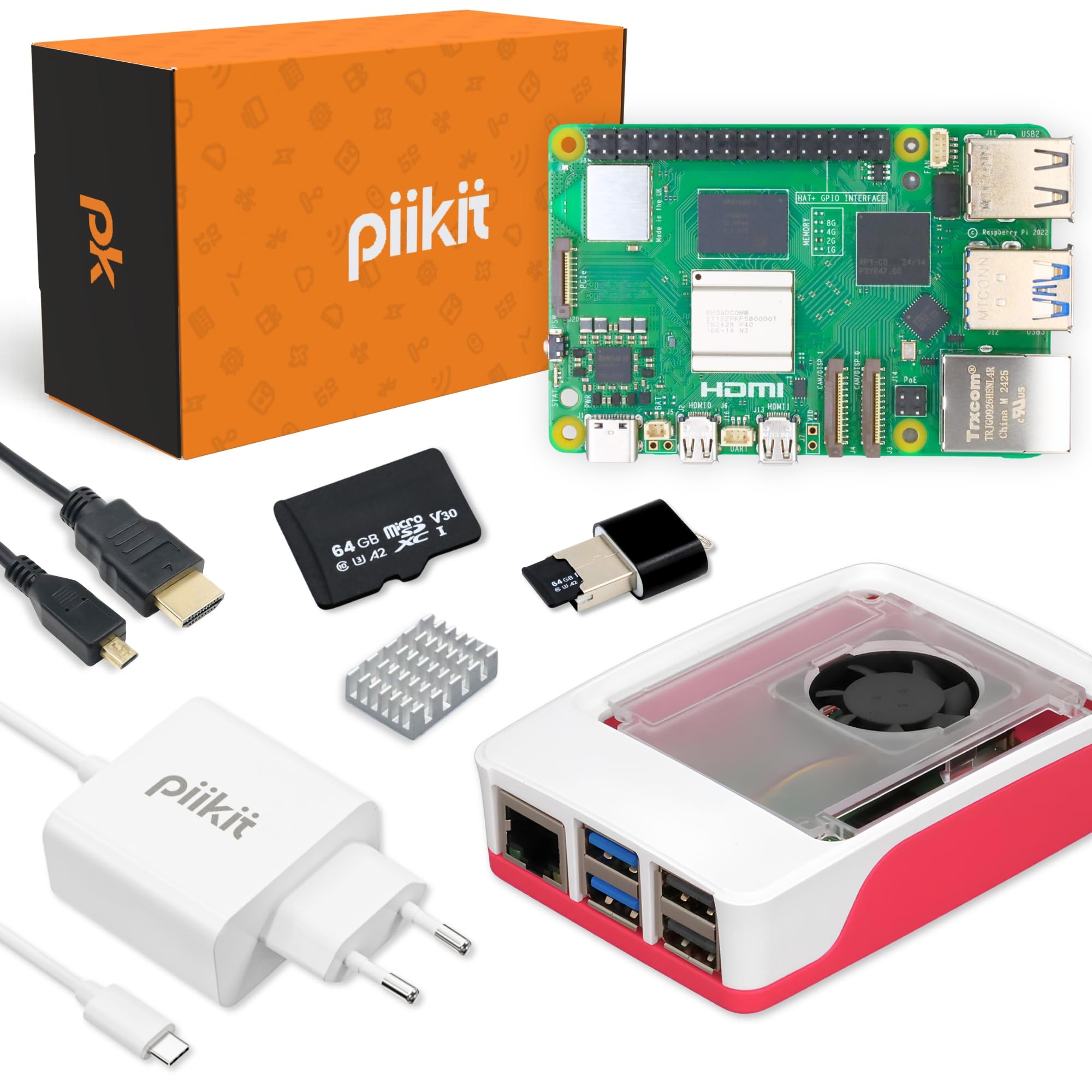 Starter-Set für Raspberry Pi 5 8 GB | 64 GB MicroSD-Karte | 27 W Netzteil | Gehäuse mit integriertem Lüfter und Kühlkörper | 4K 60 Hz Micro-HDMI-Kabel
