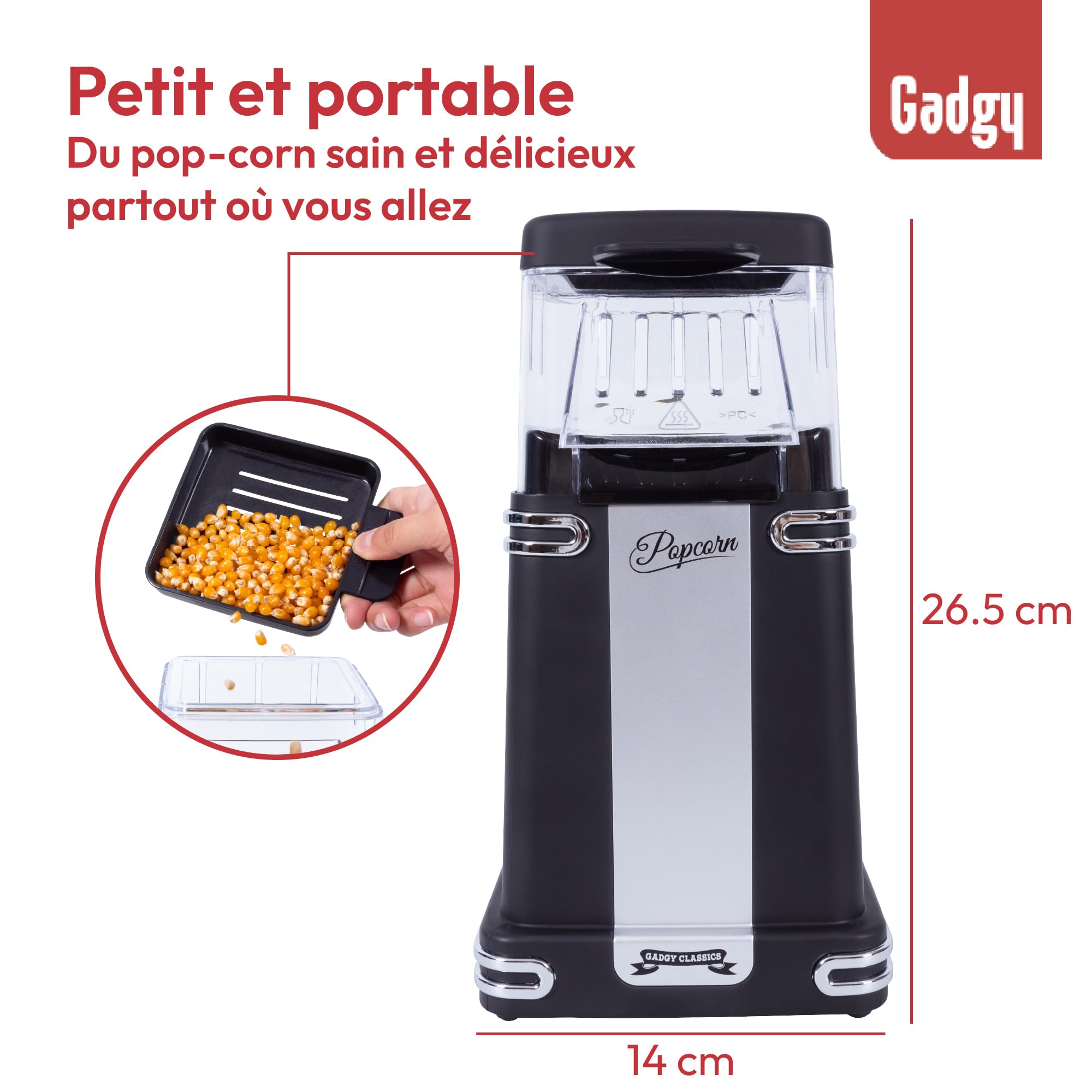 Gadgy Machine à Pop-Corn - Appareil à Popcorn - Machine à Pop-Corn à Air Chaud Rapide - Sans Huile, sans Graisse - avec Tasse à Mesurer et Couvercle Supérieur Amovible - Revêtement Noir Rétro